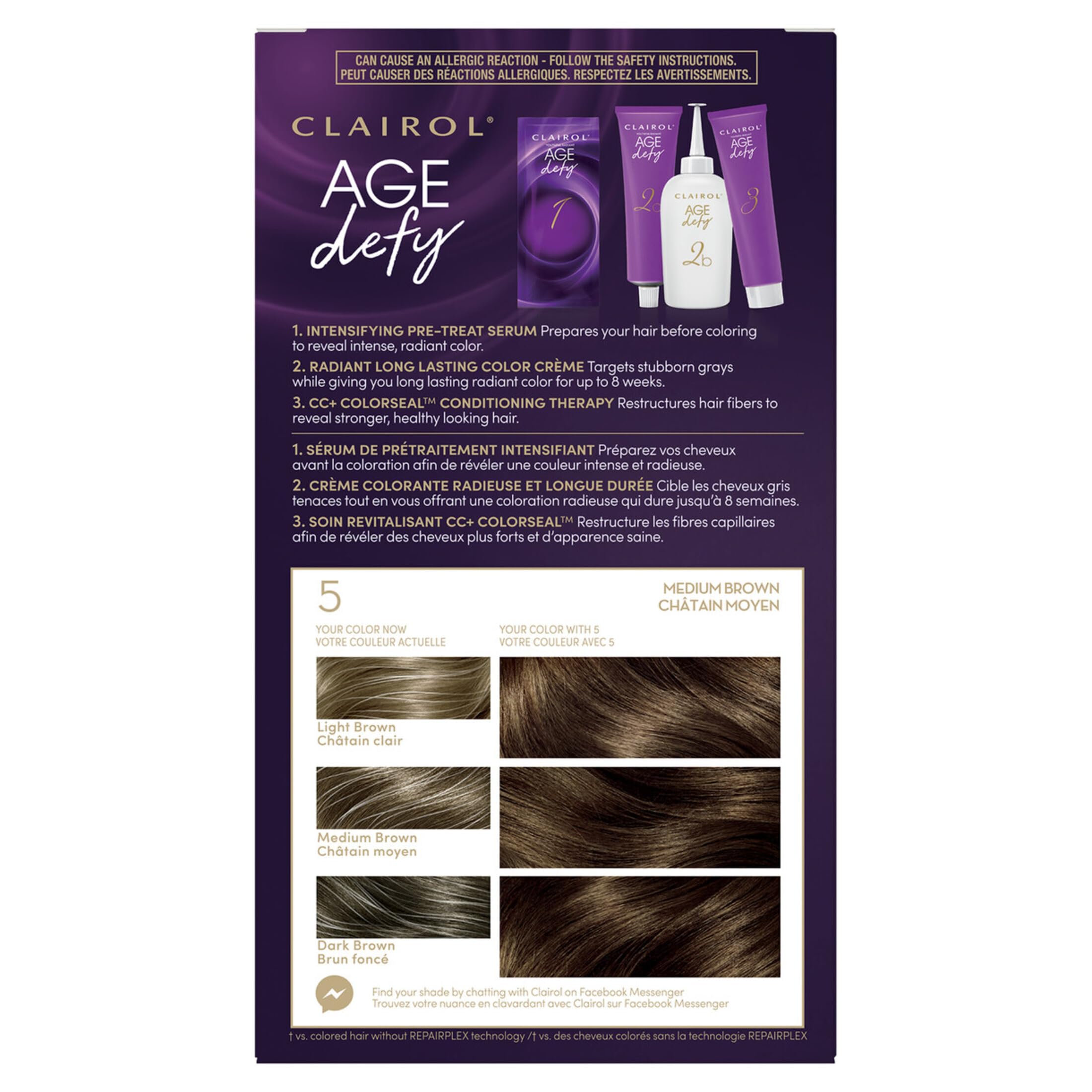 Clairol Age Defy Permanent Hair Dye - 5 Medium Brown Hair Color for Gray Coverage & Natural Look (1 Pack) - Perfect for At-Home Hair Coloring & Touch-Ups