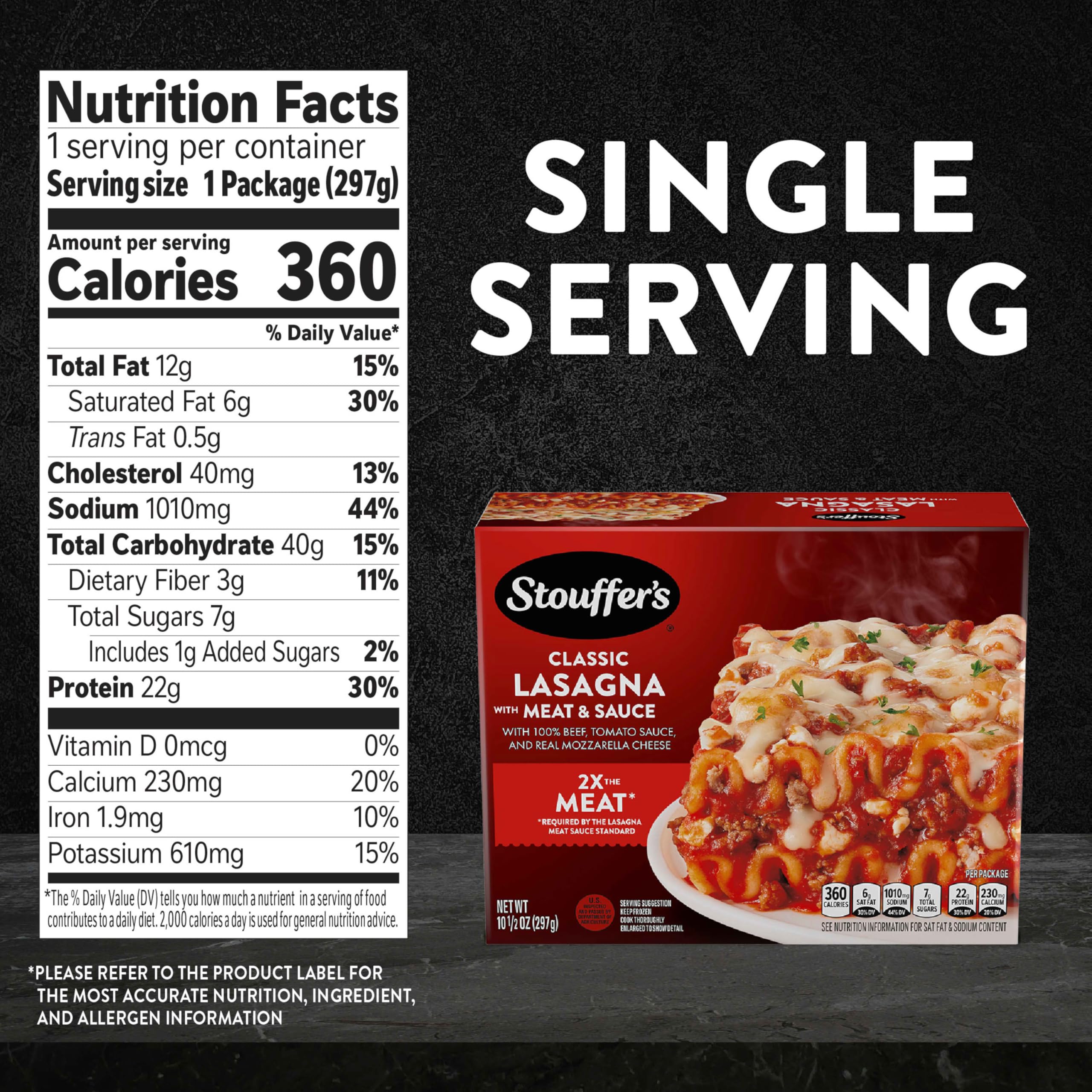 Stouffer's Classic Lasagna with Meat Sauce - Single Serve Frozen Meal | Microwave & Oven Ready | Quick & Easy Dinner for One | Perfect for Busy Weeknights, Office Lunches & College Dorm Meals
