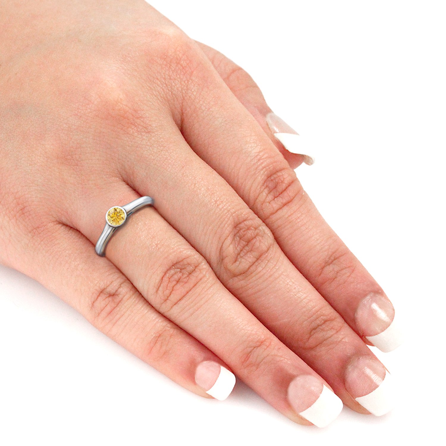 Platinum Round-Cut Yellow Diamond Bezel Solitaire Ring (1/3 cttw, Yellow, I1-I2) Size 4-9 - Perfect for Engagement, Anniversary, or Special Occasions