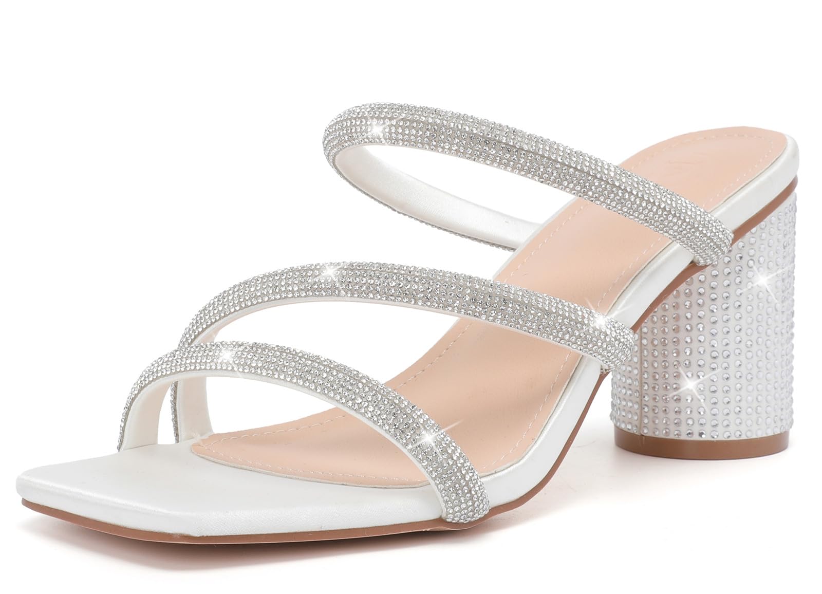 DADAWEN Women's Rhinestone Heeled Sandals - Square Toe Strappy Chunky Block Heels for Wedding, Party & Evening Events - Comfortable Dress Pumps for Women - Perfect for Bridal, Prom & Special Occasions