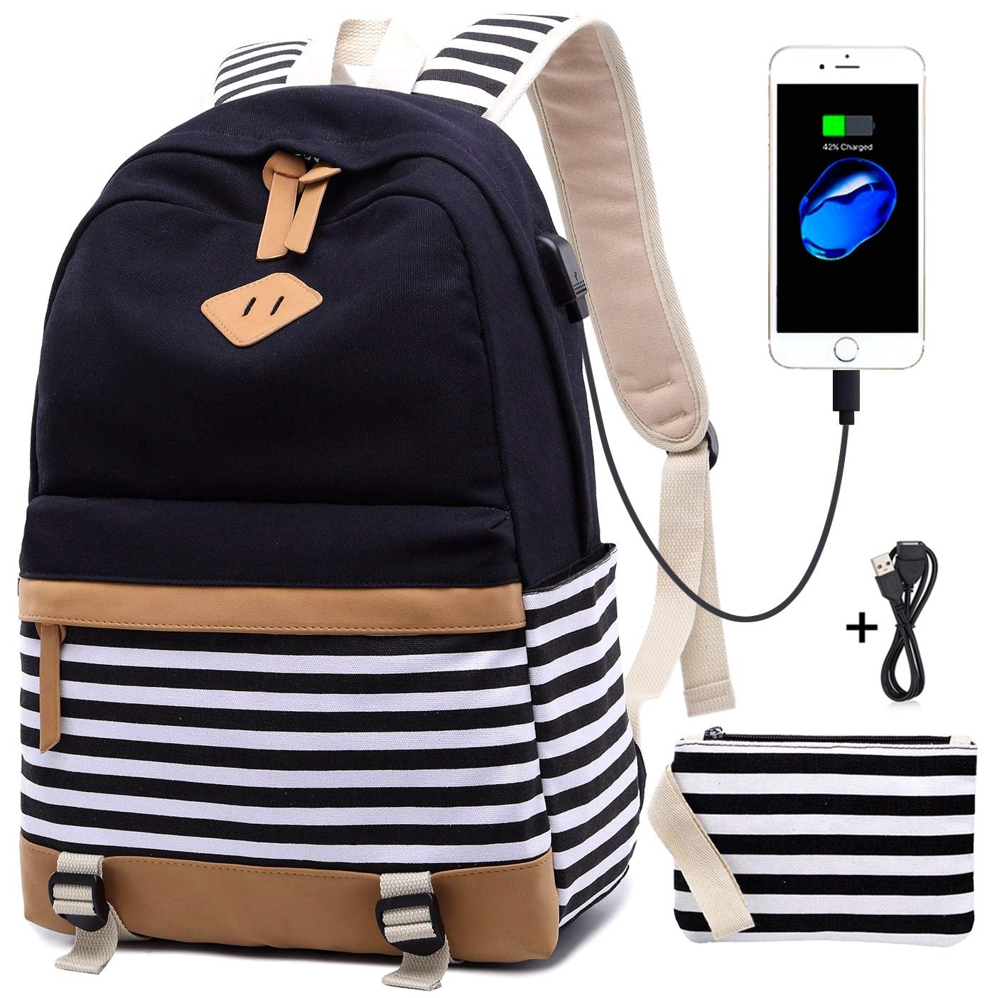 Stylish 15.6 Inch Canvas Laptop Backpack for Teen Girls & College Students - USB Charging Port School Backpack - Perfect for School, Travel & Daily Use
