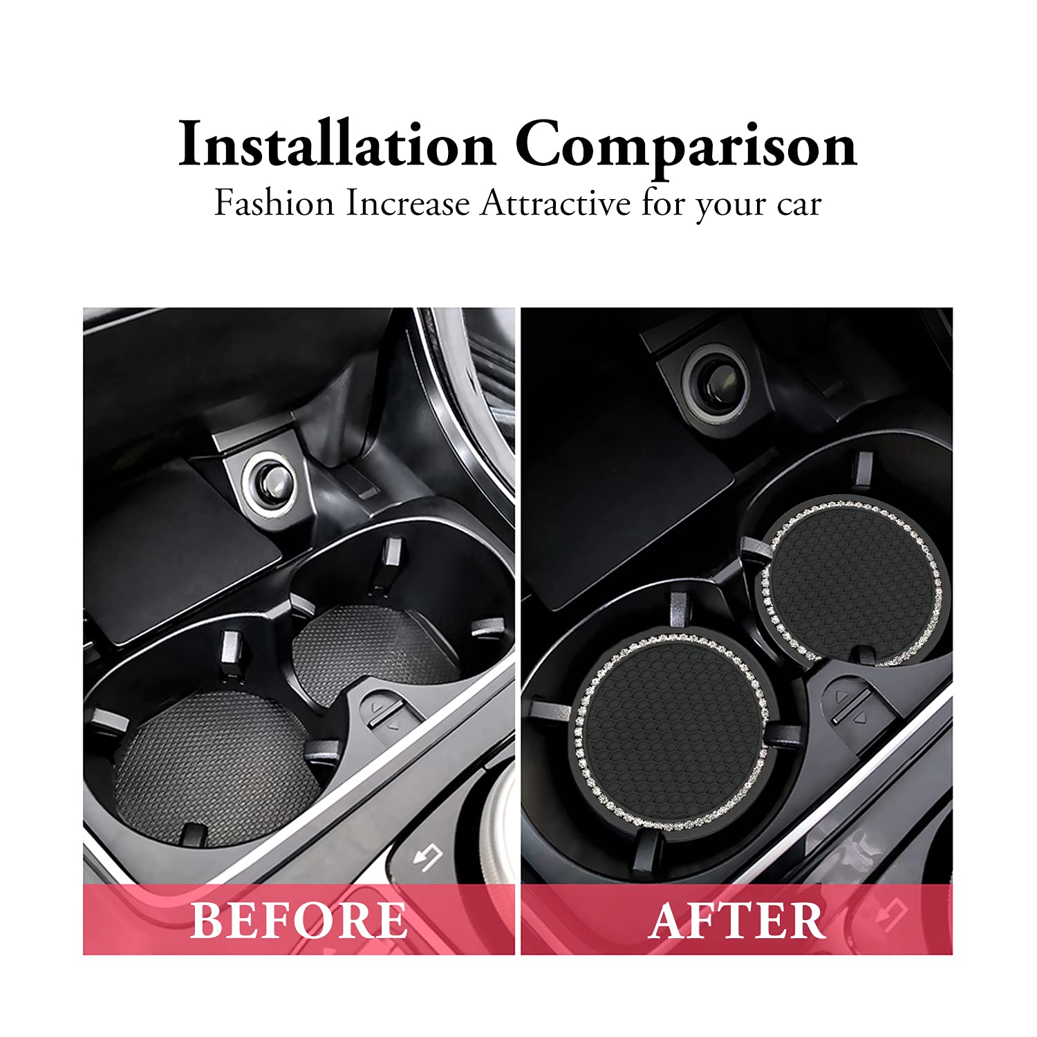 JEMAATX 2 Pack Bling Car Cup Coasters with Holder - Anti Slip Crystal Cup Mats for Women, 2.75 Inch Diameter, Black (JMT-4789) - Perfect for Car Interior Accessories & Drink Protection