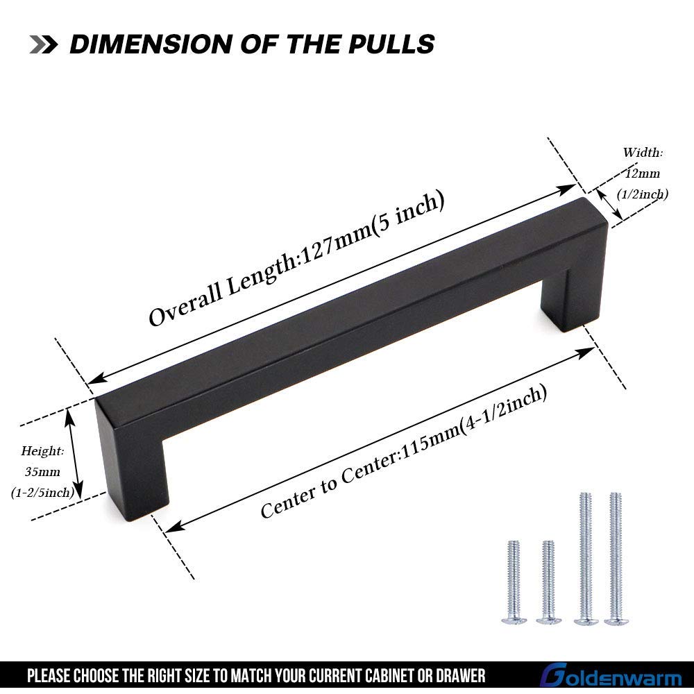 GoldenWarm 50 Pack Black Cabinet Pulls 4-1/2 Inch Drawer Handles - Modern Matte Black Stainless Steel Kitchen Cabinet Hardware for Dressers, Cabinets & Furniture (Ideal for Home Renovation & DIY Projects)