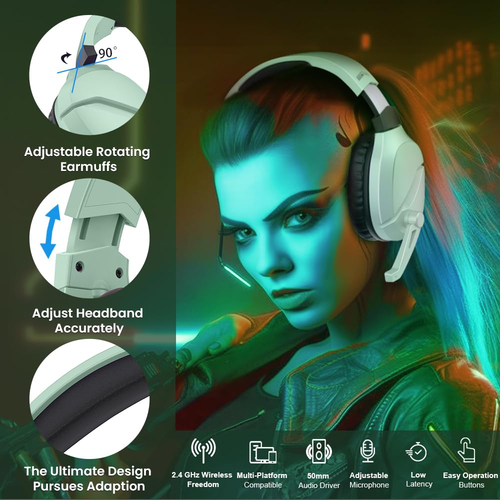 Wireless Gaming Headset with Noise Canceling Mic for PS5, PC, PS4 - 2.4G/Bluetooth Headphones with USB-C & Wired Controller Mode (Green) | Perfect for Competitive Gaming & Online Chat