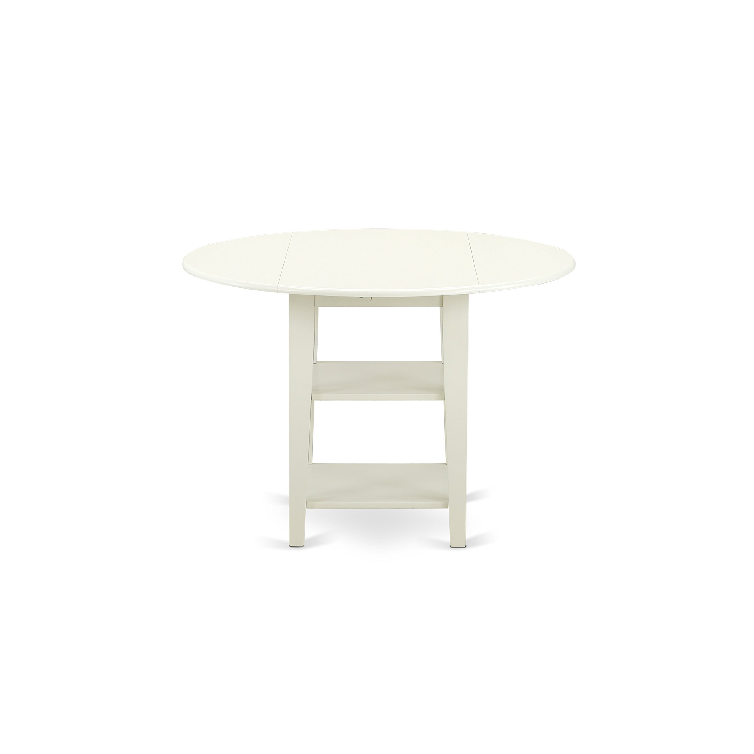 East West Furniture SUCL3-LWH-W 3-Piece White Linen Dining Set with Round Drop-Leaf Kitchen Table (42x42 Inch), 2 Chairs & Storage Shelves - Perfect for Small Spaces, Breakfast Nooks & Cozy Apartments