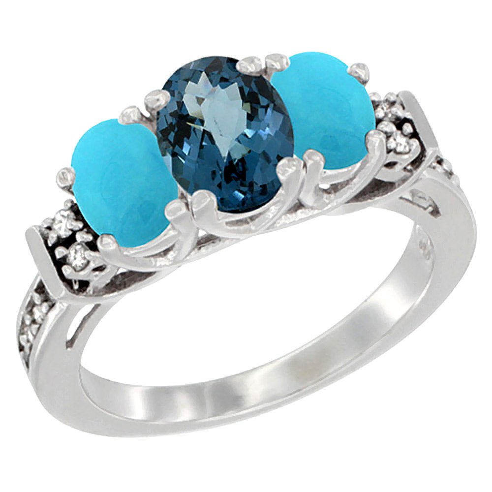 10K White Gold Natural London Blue Topaz & Turquoise Ring with 3-Stone Oval Diamond Accent - Sizes 5-10 | Elegant Jewelry for Weddings, Anniversaries & Special Occasions