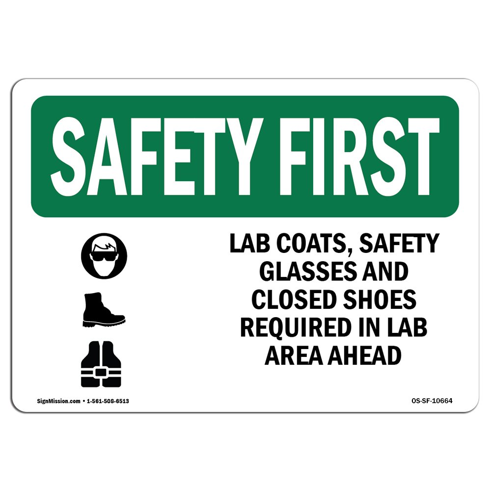 OSHA Safety First Sign with Lab Coats & Safety Glasses Symbol - Durable Vinyl Label Decal for Business Protection | Workplace, Warehouse & Construction Site Safety | Made in USA | Ideal for Hazard Warning & OSHA Compliance
