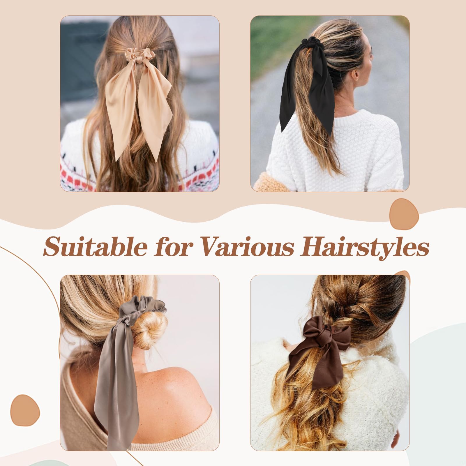 6 PCS Bow Silk Scrunchies for Women & Girls - Elegant Satin Hair Ties with Knotted Bows, Soft Elastic Hair Ribbon Accessories - Perfect for Daily Wear, Parties, Gifts & Holidays
