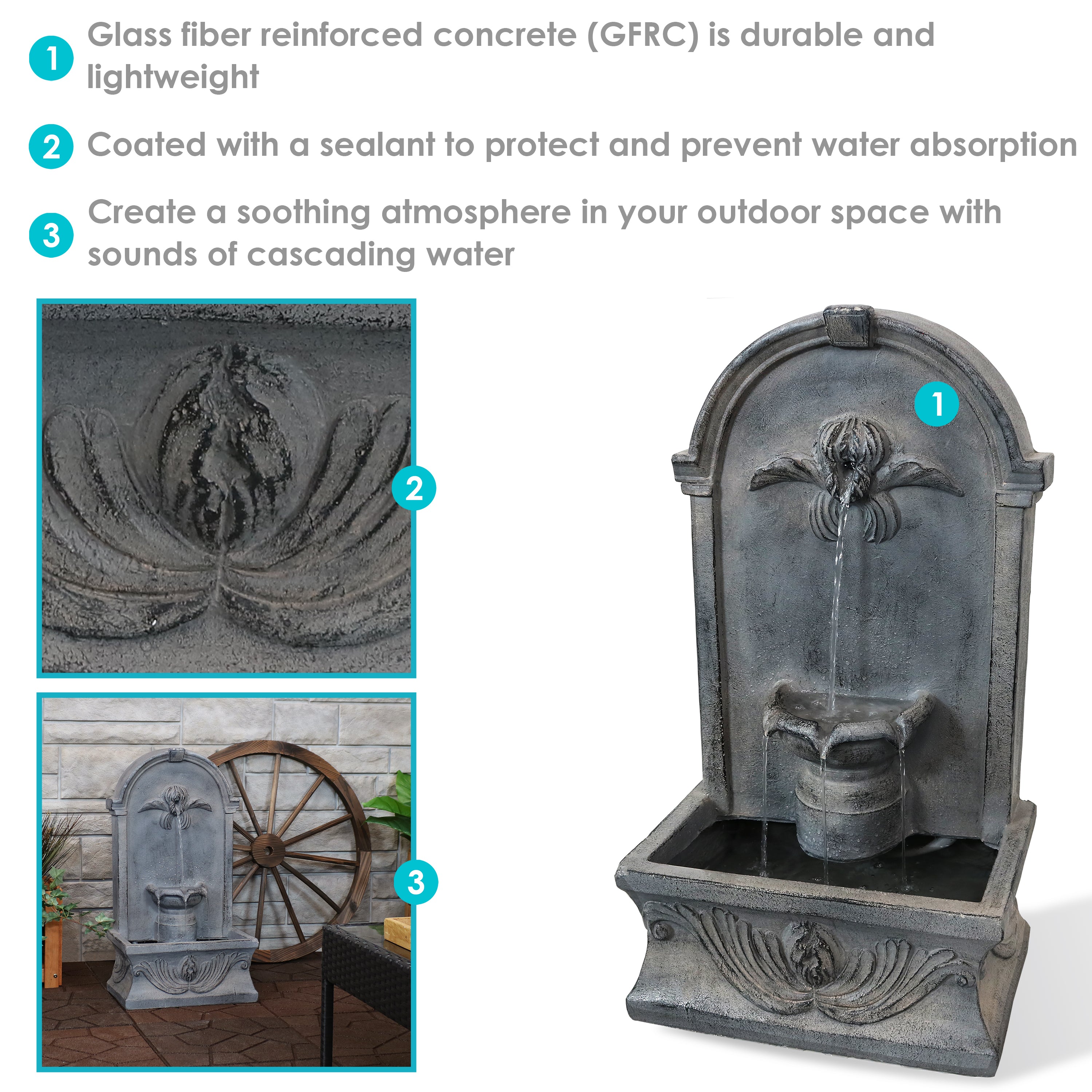 French Inspired Outdoor Wall Mounted Fountain - 28 Inch Rustic Garden Water Feature for Patio, Courtyard & Backyard Decor | Sunnydaze