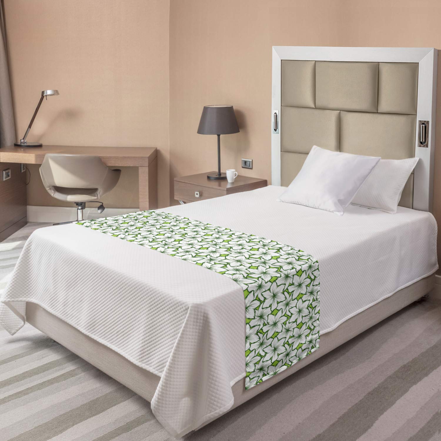 Ambesonne Floral Bed Runner - Tropical Flower Petals Nature Themed Decorative Bedding Scarf for Queen King Beds | Elegant Home Hotel Guest Room Decor in Apple Green & Olive Green | Perfect for Spring Summer Bedroom Makeover and Coastal Theme Decor
