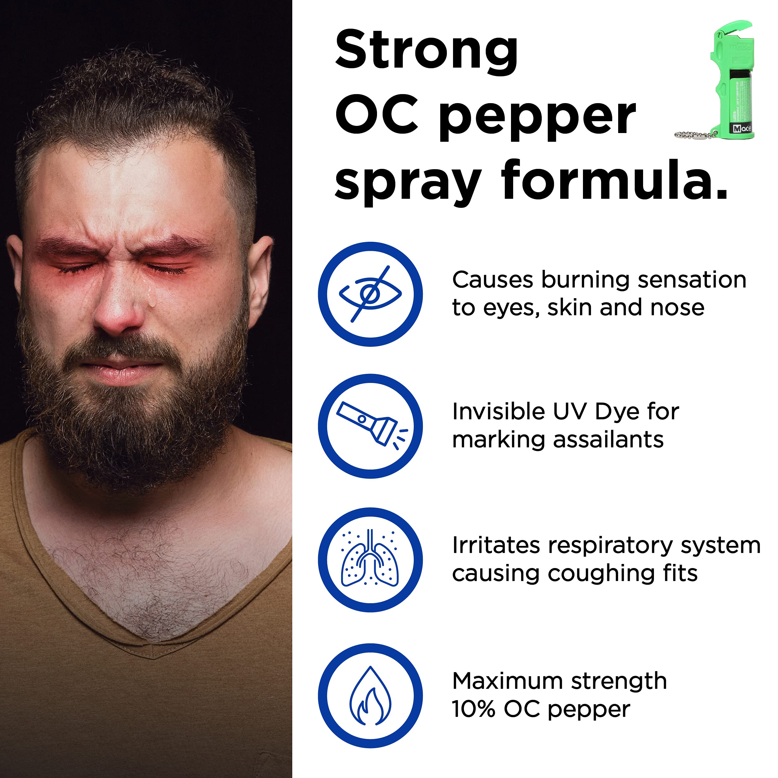 Mace Brand Pocket Pepper Spray (Neon Green) – 10’ Powerful Self Defense Spray with Flip Top Safety Cap & UV Dye – Compact, Accurate Protection for Jogging, Hiking & Night Safety