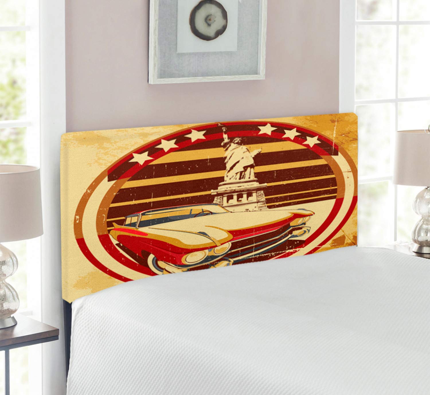 Vintage Car Headboard with Memory Foam - Upholstered Decorative Metal Bed Frame in Yellow Red Brown | Twin Size | Retro American Liberty Design on Old Paper Print | Perfect for Kids Room, Man Cave or Vintage Car Enthusiast Bedroom Decor