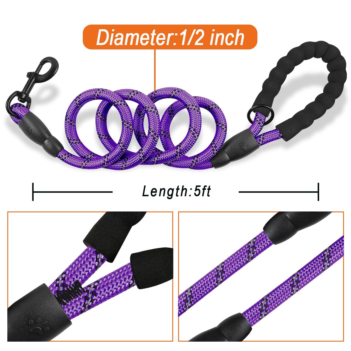 BARKBAY Heavy Duty Dog Leash 2 Pack - 5FT Strong Reflective Leashes with Padded Handle for Large Dogs, Walking, Running & Training | Durable Purple & Black Pet Leash for Medium to Large Breeds | Perfect for Night Walks, Jogging & Outdoor Adventures