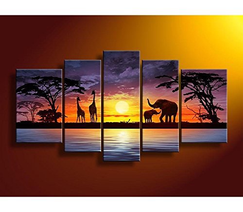 Hand Painted African Wildlife Oil Painting - Giraffe & Elephant Landscape Wall Art (5 Panel Canvas Set) - Perfect for Living Room, Bedroom & Office Decor