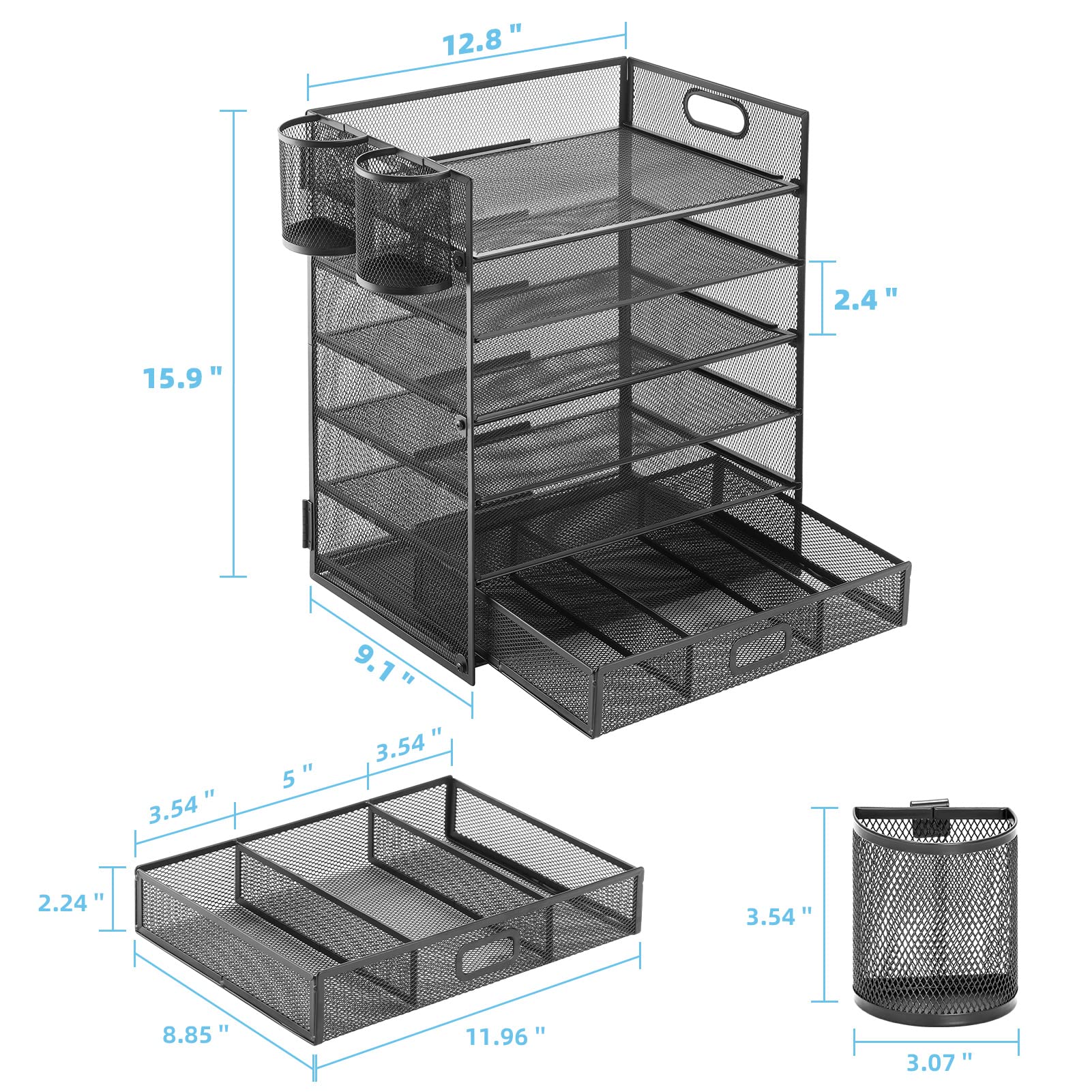 Lavatino 6-Tier Mesh Desk Organizer with Drawer - Black File Folder Holder for Office, Home & School - Paper Sorter, Letter Tray & Document Organizer | Perfect for Bills, Mail, Office Supplies & Schoolwork Organization