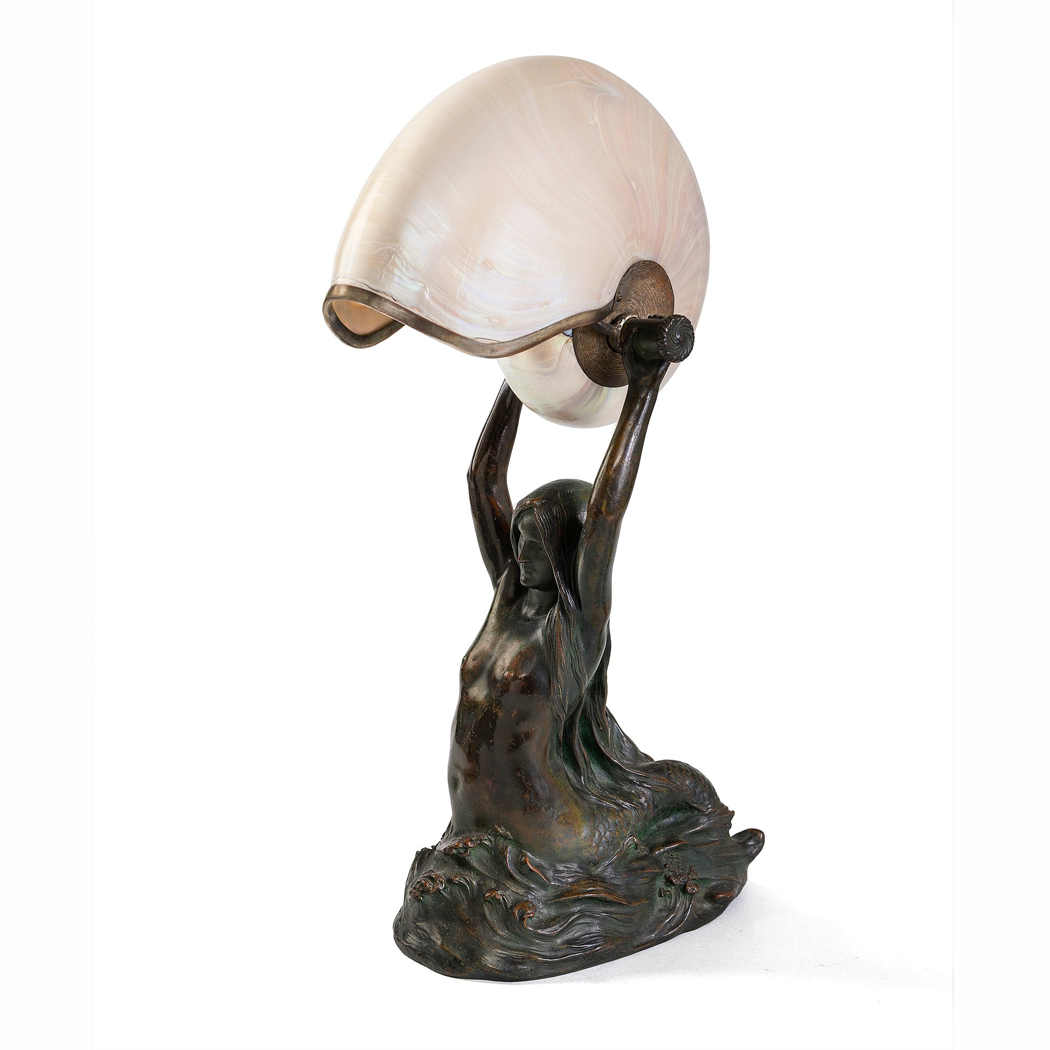 Tiffany Studios New York Nautilus Table Lamp With Mermaid Base - Handcrafted Stained Glass Lamp for Home Decor, Living Room, Bedroom Lighting