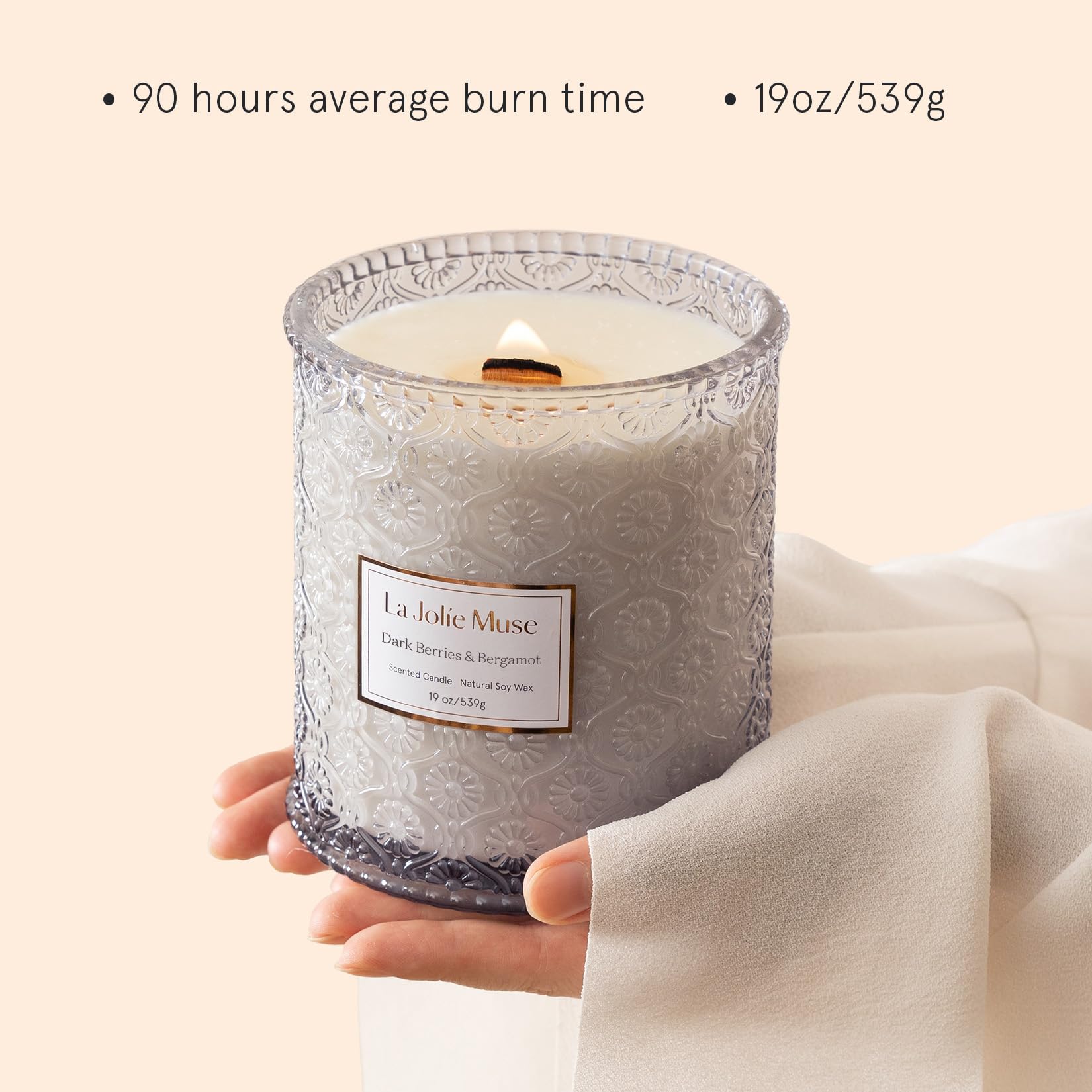 LA JOLIE MUSE Dark Berries & Bergamot Scented Soy Candle - 19oz Large Glass Jar, 90 Hours Burn Time, Natural Home Fragrance, Perfect Gift for Women & Men - Ideal for Relaxation, Romantic Dinners & Spa Nights