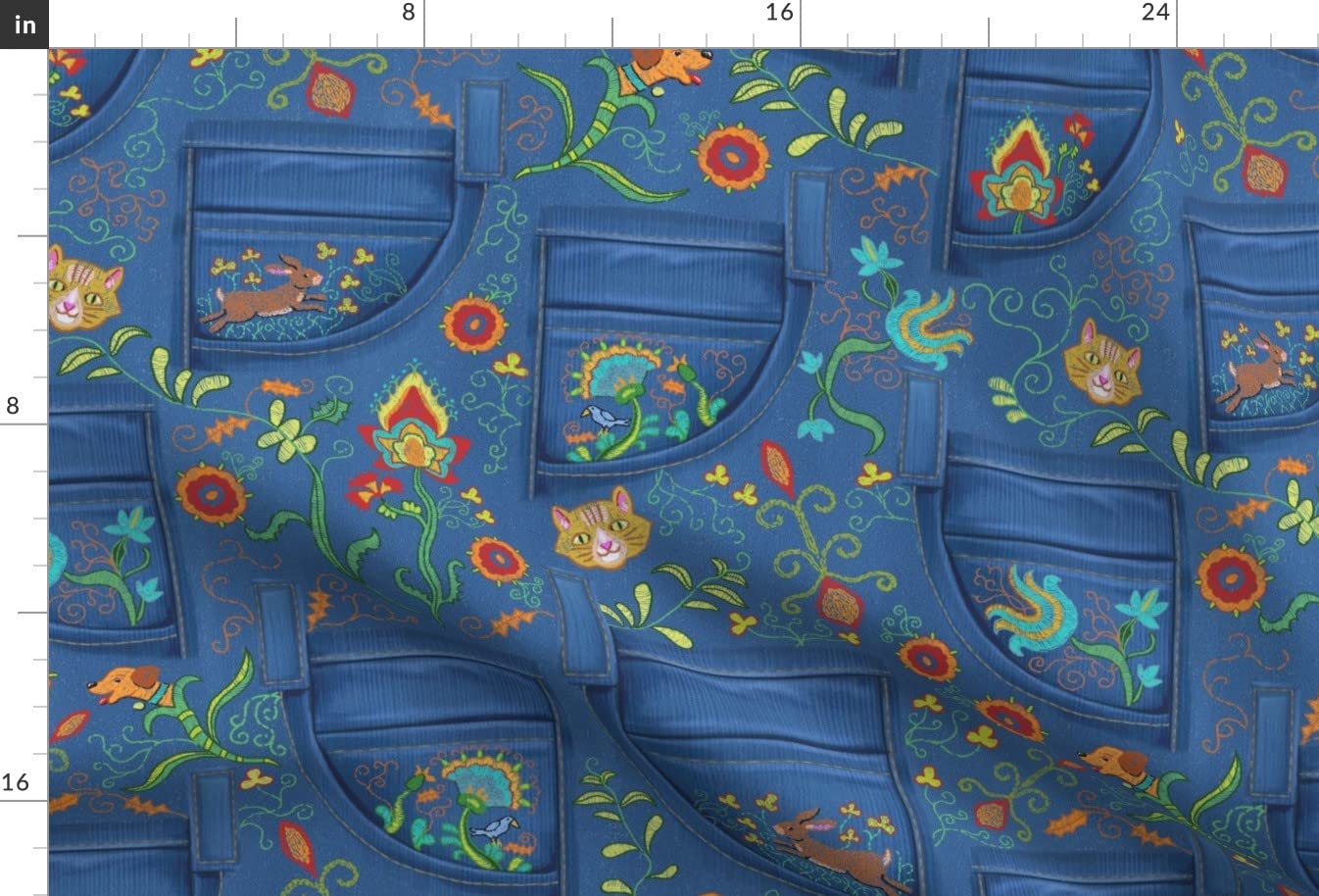 Denim Red Orange Turquoise Fabric - Fat Quarter for Sewing & Decor