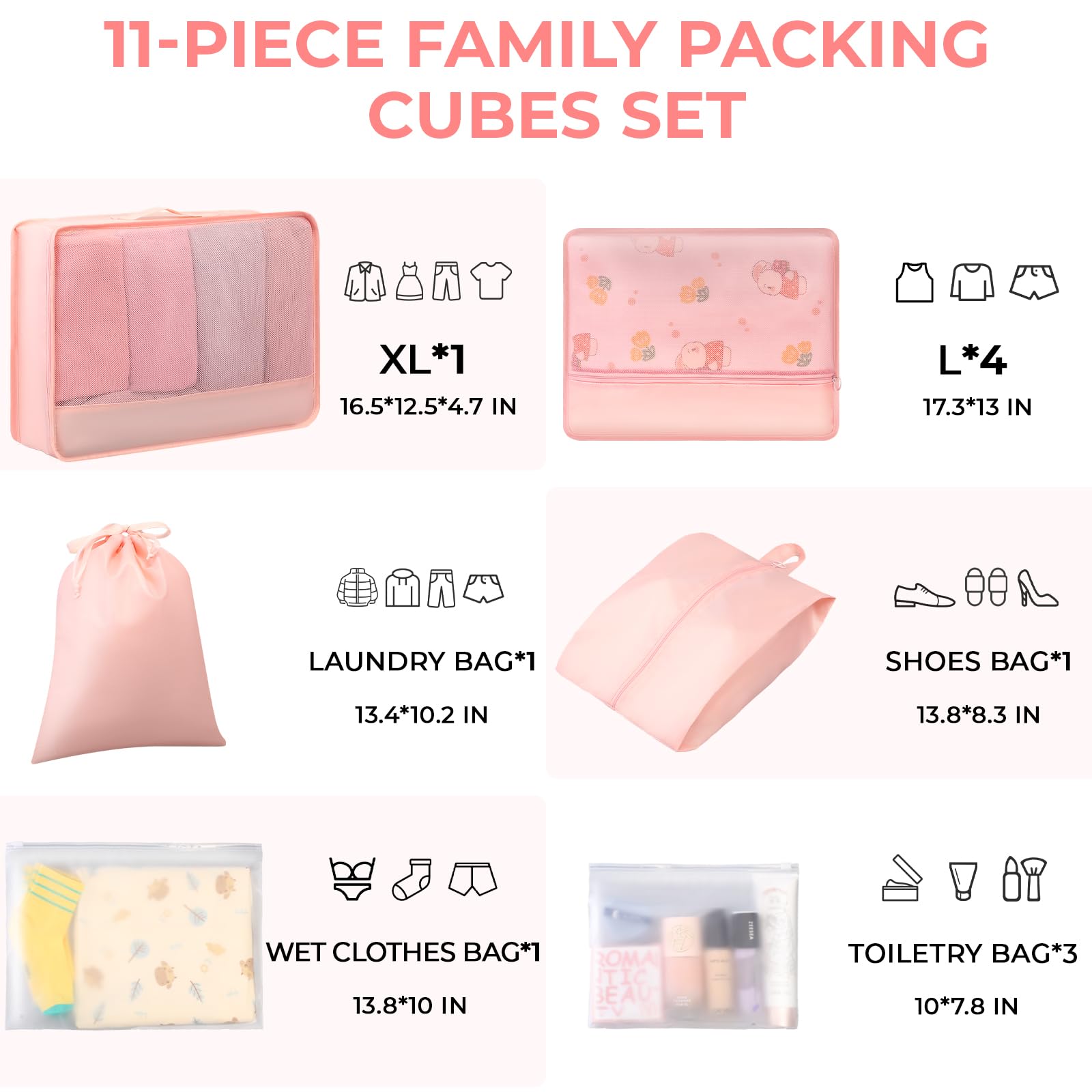 11-Piece Travel Packing Cubes Set - Durable Suitcase Organizer with Separate Compartments for Clean & Dirty Clothes | Perfect for Business Trips, Vacations & Backpacking (Pink)
