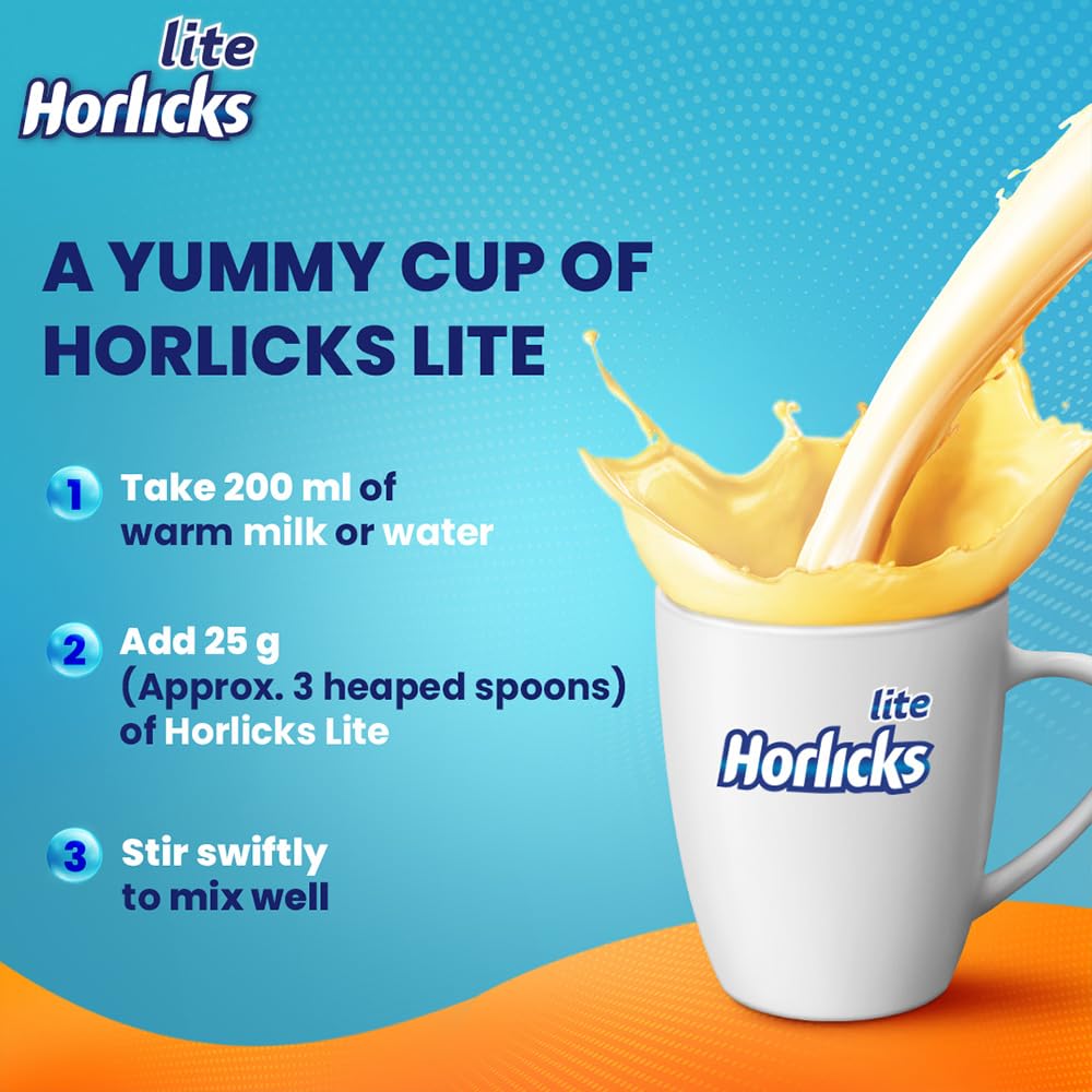 Horlicks Lite 450g - High Protein Malt Drink for Adults | Zero Added Sugar | Scientifically Formulated Nutrition | Perfect for Breakfast, Post-Workout & Nighttime Relaxation