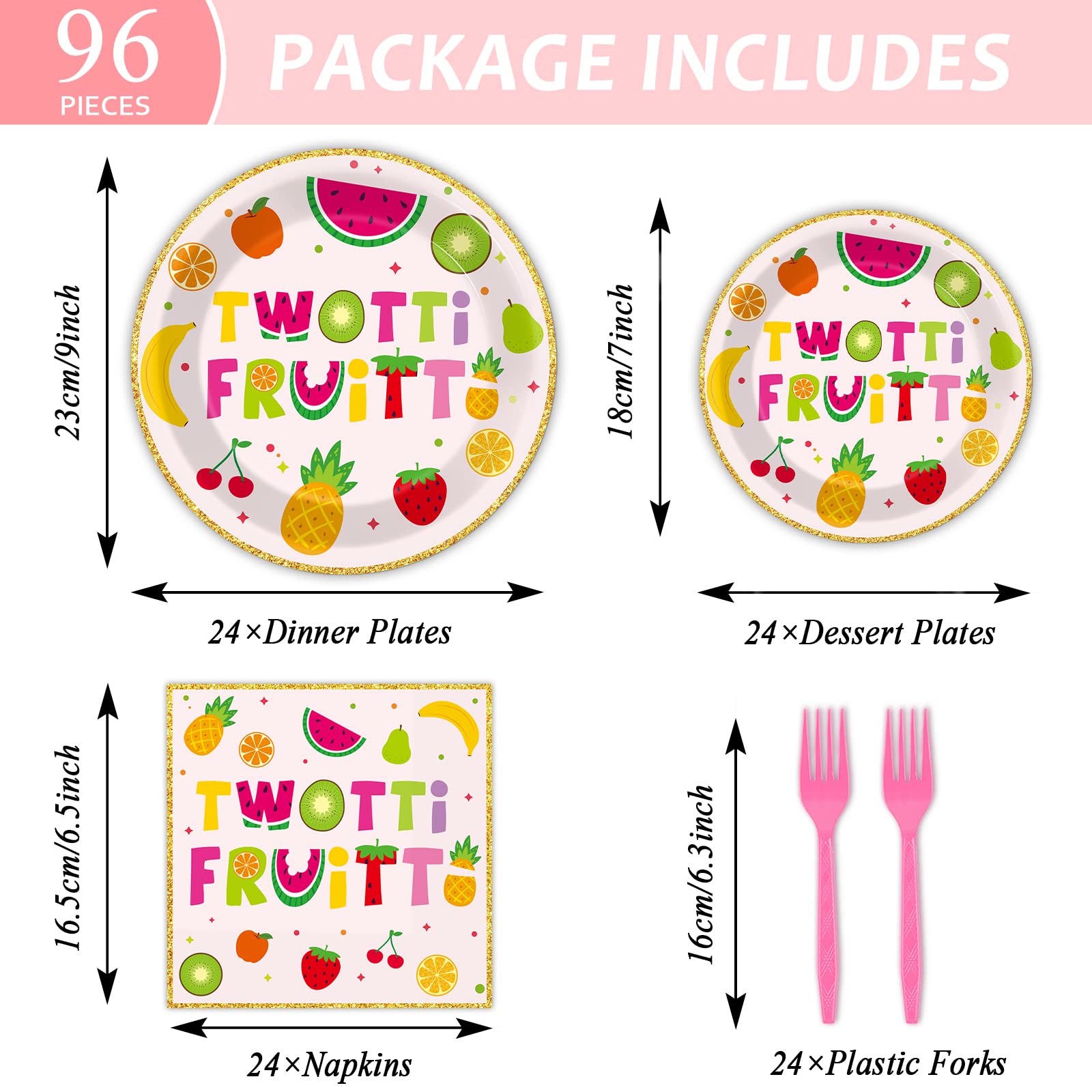 96Pcs Twotti Frutti Party Supplies - Summer Fruit Themed 2nd Birthday Paper Plates & Napkins Set - Watermelon, Lemon, Pineapple, Strawberry Decorations - Dinnerware for 24 Guests - Perfect for Kids Birthday Parties, Baby Showers & Summer Celebrations