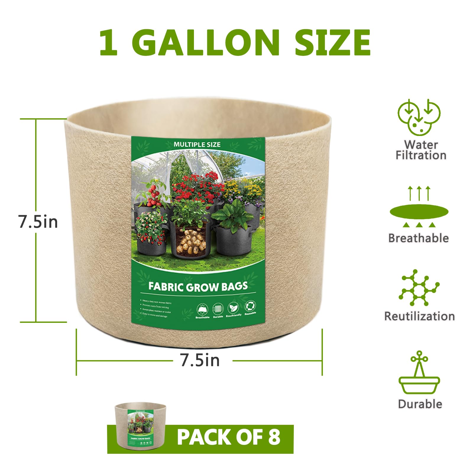 Bestio 1 Gallon Plant Grow Bags - 8 Pack Heavy Duty 300G Non-Woven Fabric Pots for Vegetables, Fruits, Flowers - Perfect for Backyard Gardening, Outdoor Planting & Indoor Hydroponics