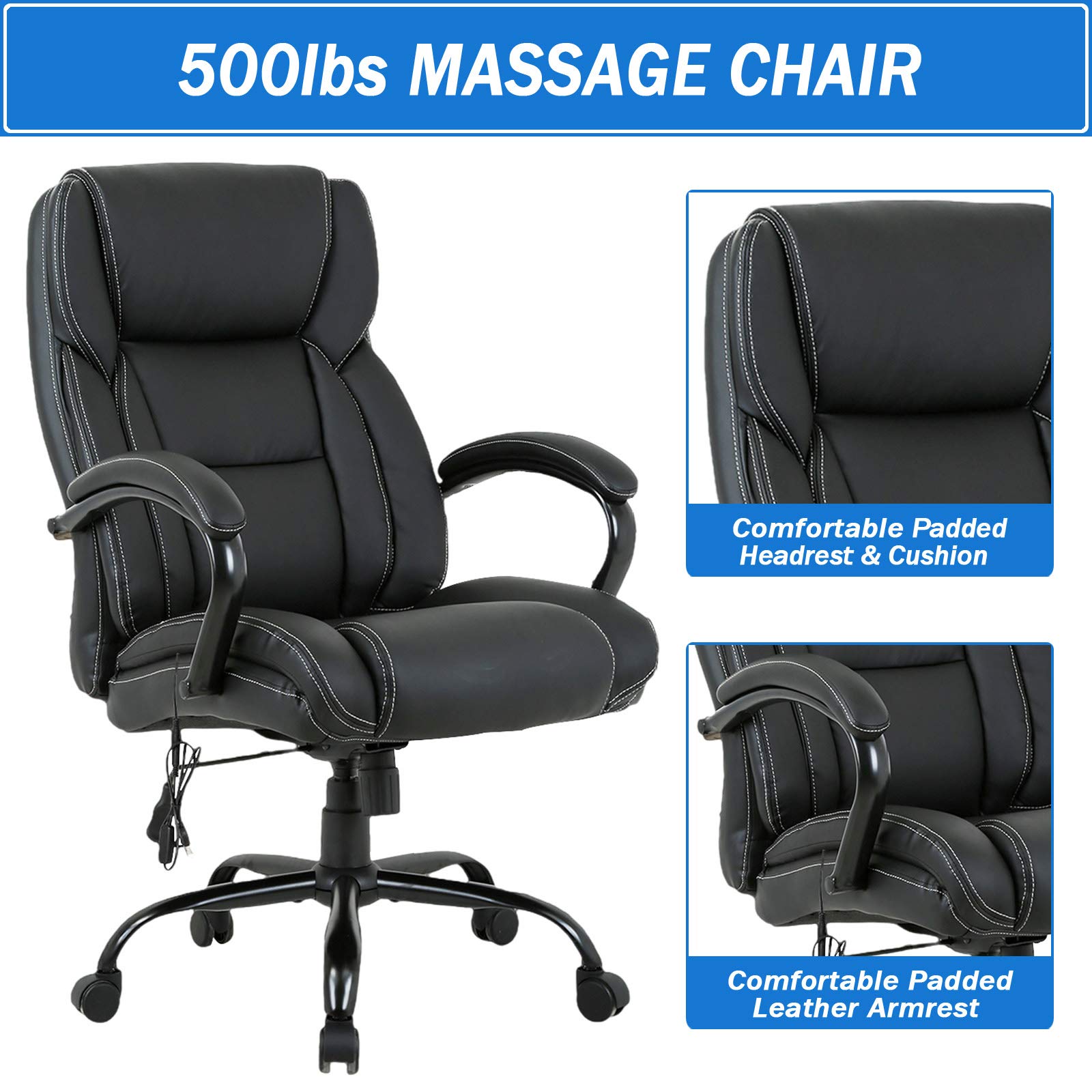 LCH Big & Tall Office Chair 500lbs Capacity - Heavy Duty PU Leather Executive Chair with Massage & Lumbar Support - Wide Seat Ergonomic Desk Chair for Large Adults - Perfect for Home Office & Gaming Setup (Black)