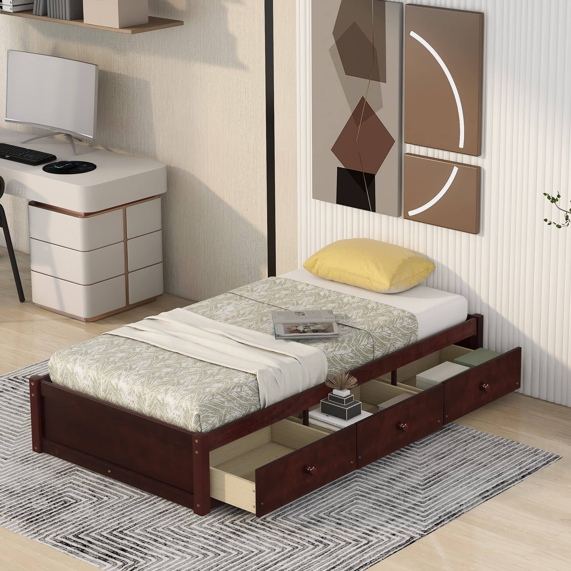 Harper & Bright Designs Twin Bed with Storage - Wood Platform Bed Frame with 3 Drawers, Kids Bed with Wood Slat Support (No Box Spring Needed) - Cherry Finish - Perfect for Small Bedrooms, Guest Rooms & Kids' Rooms