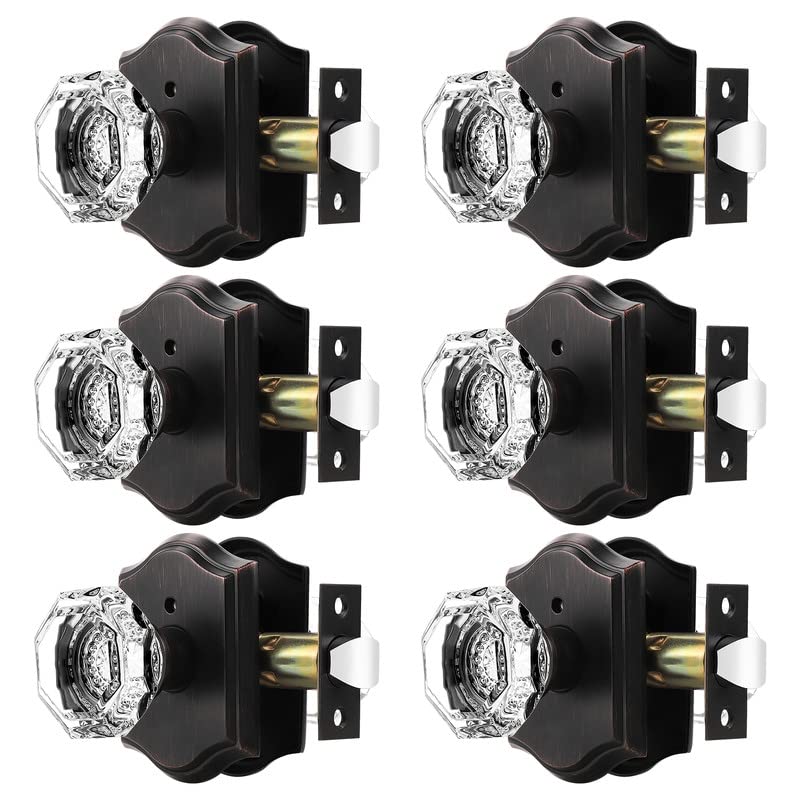 Vintage Octagonal Crystal Door Knobs 6-Pack - Oil Rubbed Bronze Privacy Door Handles with Pin Lock for Bedroom & Bathroom - Heavy Duty Genuine Glass Interior Door Knob Set - Perfect for Home, Office, and Commercial Spaces