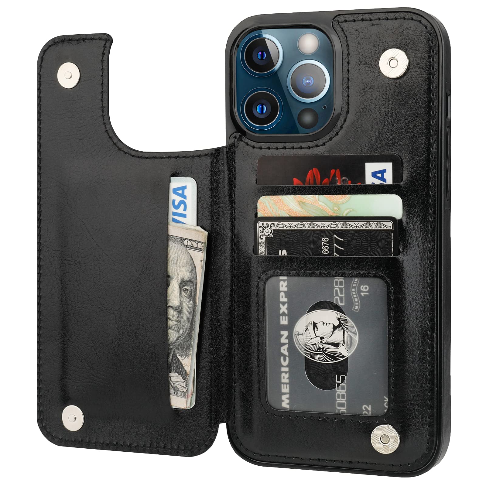 Premium PU Leather iPhone 13 Pro Max Wallet Case with Card Holder & Kickstand - 6.7 Inch Shockproof Protective Cover with Double Magnetic Clasp (Black) - Perfect for Daily Commute, Travel & Hands-Free Viewing