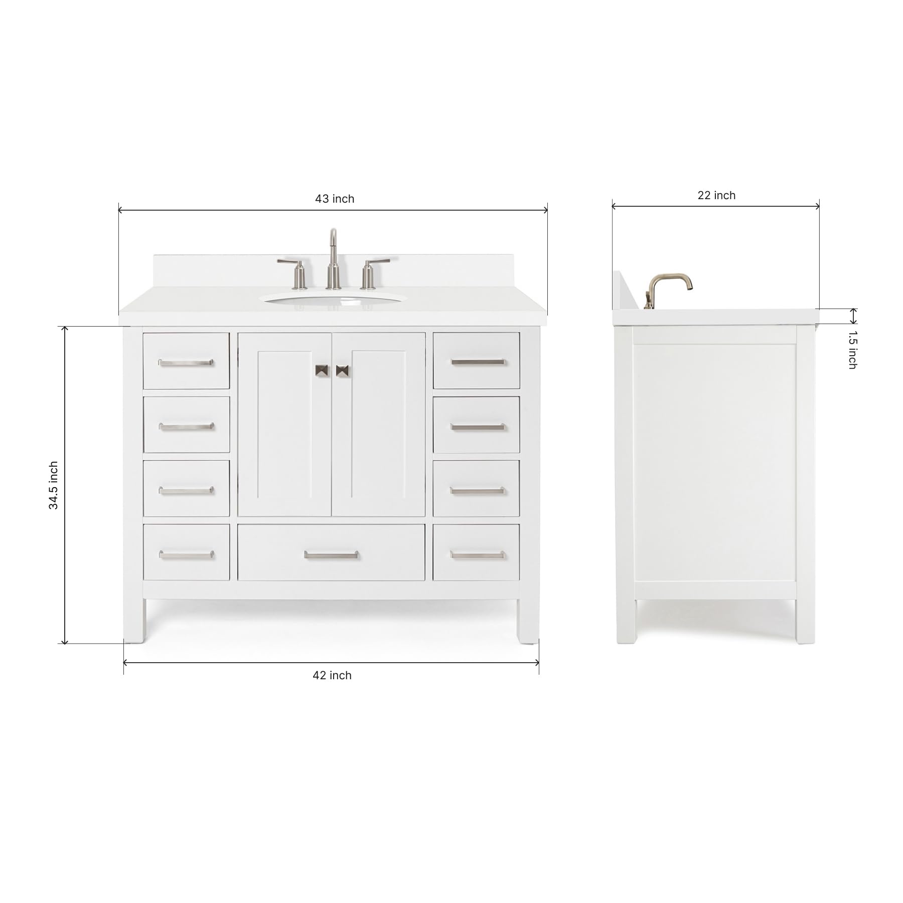 ARIEL Cambridge 43 Inch White Bathroom Vanity with Sink - Solid Wood Cabinet, Quartz Countertop & Oval Undermount Sink - 2 Soft-Closing Doors & 9 Drawers - Perfect for Modern Bathrooms, Master Bath Suites & Powder Rooms