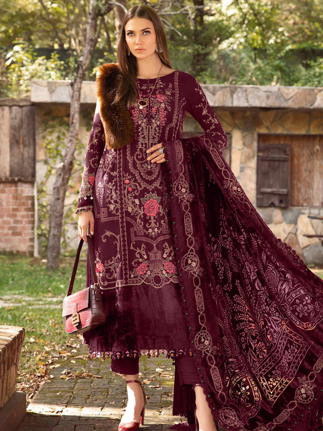 Elegant Burgundy Designer Semi Stitched Pant Suit with Exquisite Embroidery Work - Perfect for Weddings, Parties & Formal Events
