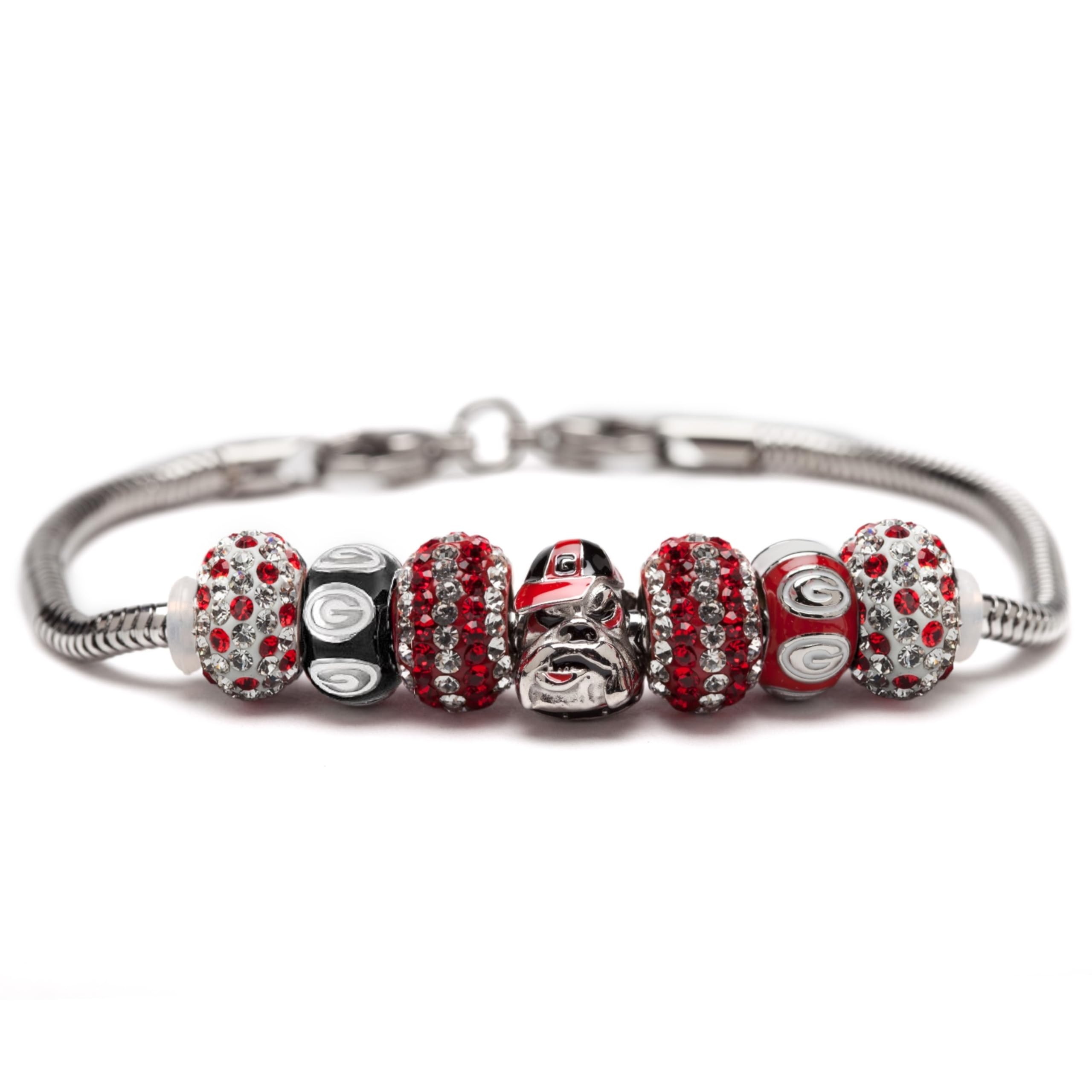 University of Georgia UGA Bulldogs Charm Bracelet - Stainless Steel Jewelry with Bulldog & Crystal Charms | Officially Licensed College Sports Accessory | Perfect for Game Day, Graduation Gifts & UGA Fans