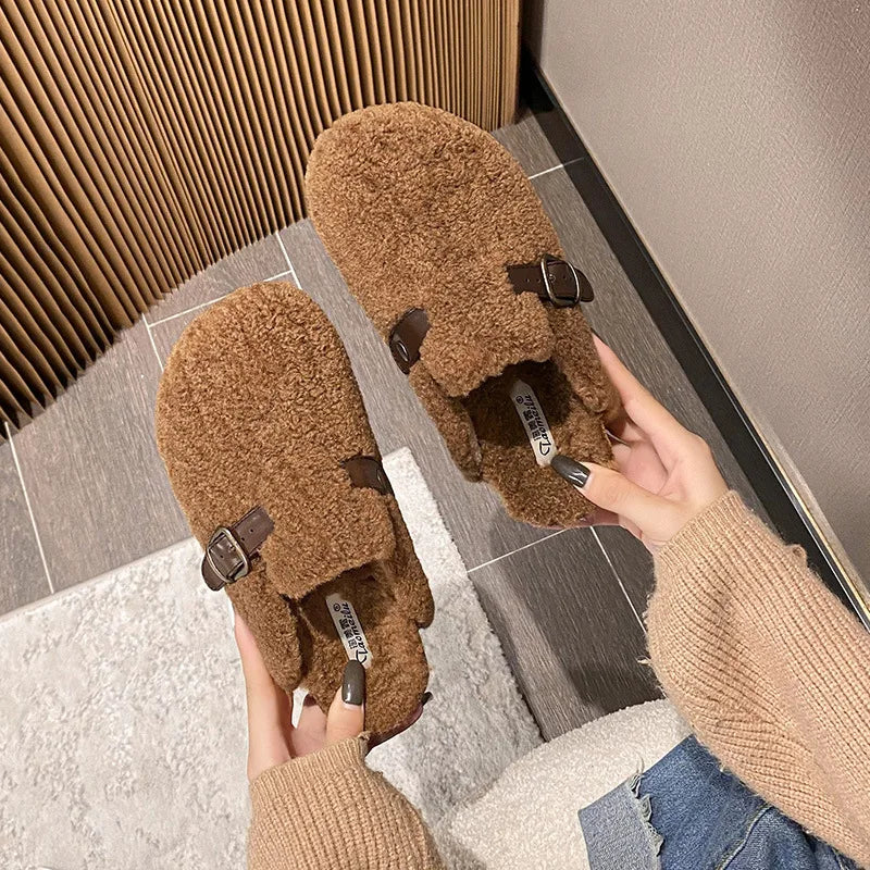 2023 Winter Warm Women's Plush Slippers - Cozy Indoor/Outdoor Flat Shoes for Home & Office - Ladies Casual Mules Size 41-43 - Perfect for Lounging, Working & Winter Comfort