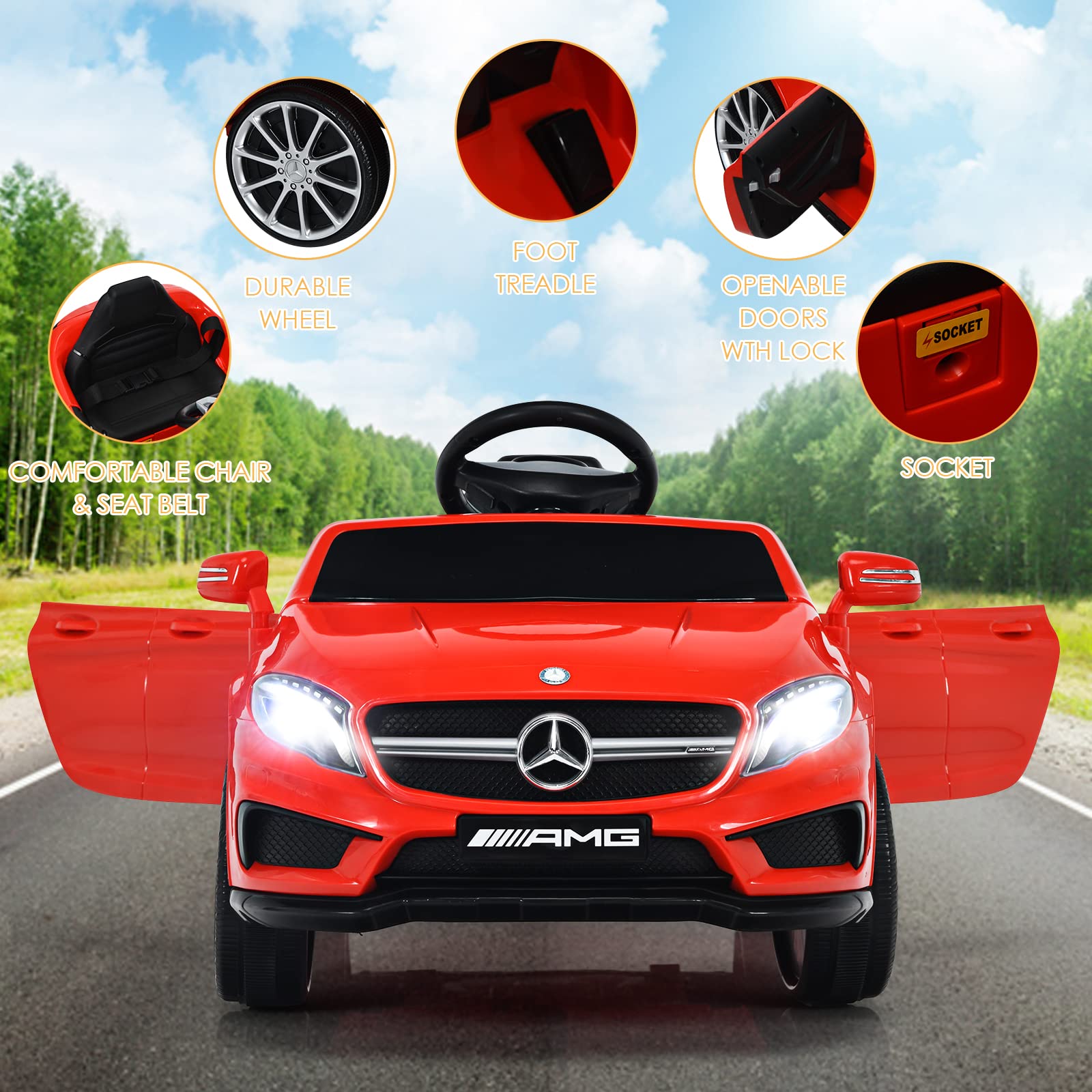 INFANS 12V Electric Kids Ride On Car - Licensed Mercedes Benz GLA45 Toy Car with Parent Remote Control, MP3 Player, USB Port, 2 Speed Settings & LED Lights - Battery Powered Toddler Vehicle for Boys & Girls (Red) - Perfect for Indoor Play, Outdoor Backyard Fun & Birthday Gifts