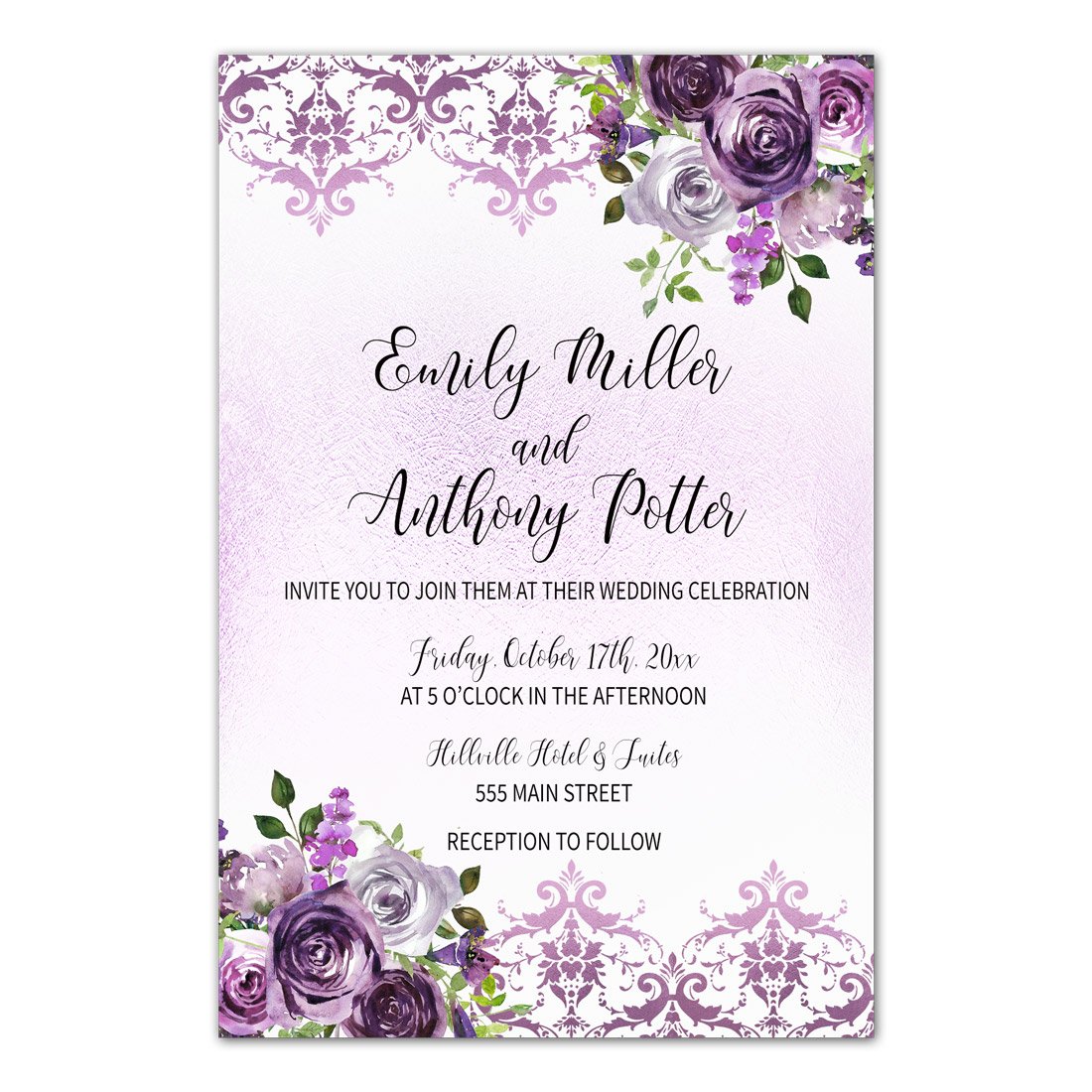 100 Elegant Purple Plum Lavender Damask Floral Wedding Invitations with Envelopes & RSVP Cards - Perfect for Romantic, Vintage & Garden Weddings