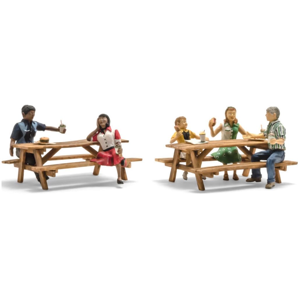 HO Scale Outdoor Dining Set - 5 Figures & 2 Picnic Tables by Woodland Scenics for Model Train Layouts & Diorama Scenes