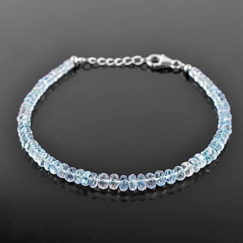 QNAVIC Natural AA Aquamarine Stone Beads Dainty Choker Bracelet - Handmade 925 Sterling Silver Jewelry for Women, Healing Chakra Crystal, March Birthstone Gift, 8 Inch Adjustable - Perfect for Weddings, Meditation & Everyday Elegance