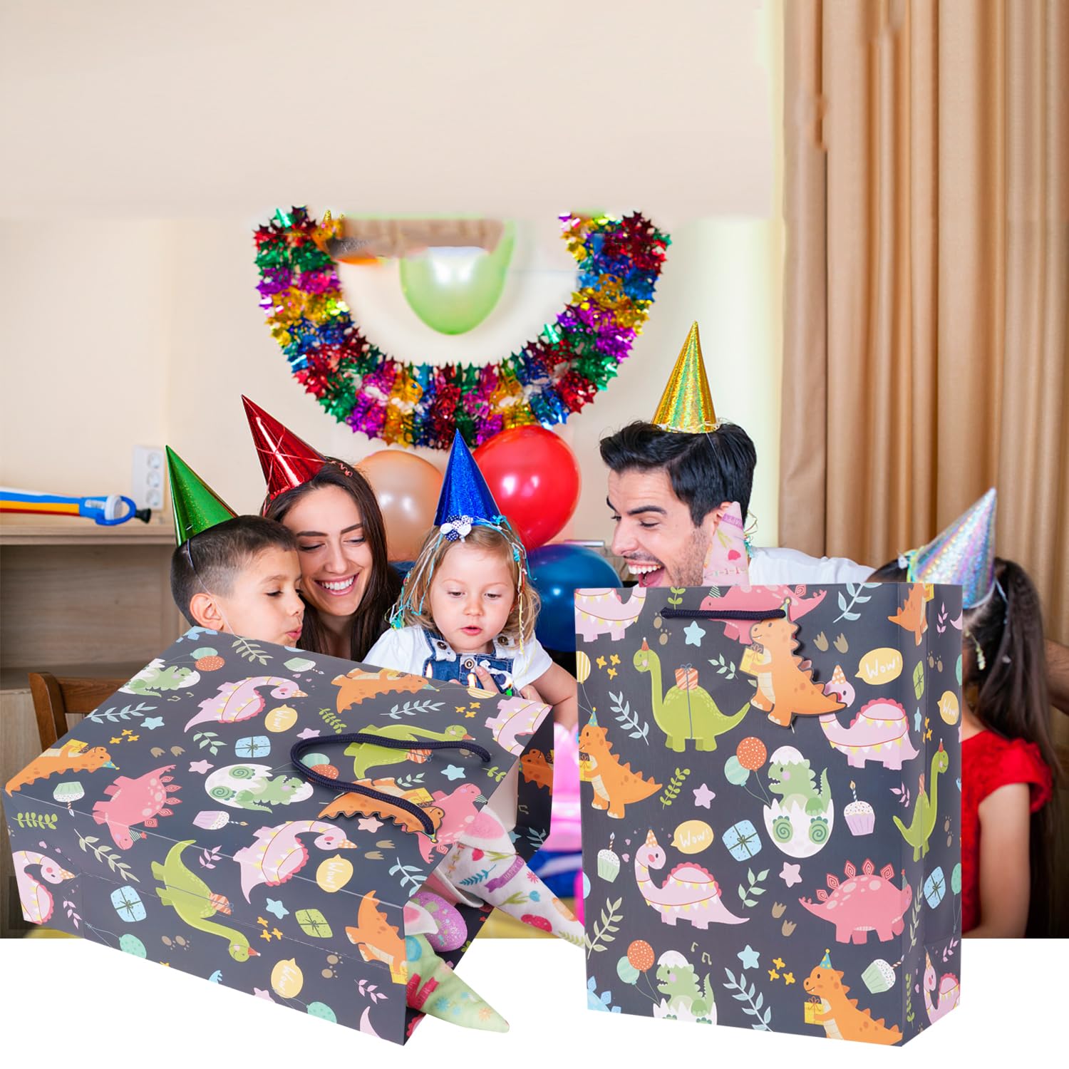 Ranfashiong 13 Inch Large Gift Bags with Tissue Paper - Dinosaur Themed Birthday Party Supplies for Boys, Kids, Baby Showers (Black Cute Dinosaurs) - Perfect for Birthday Presents, Holiday Gifts & Special Occasions