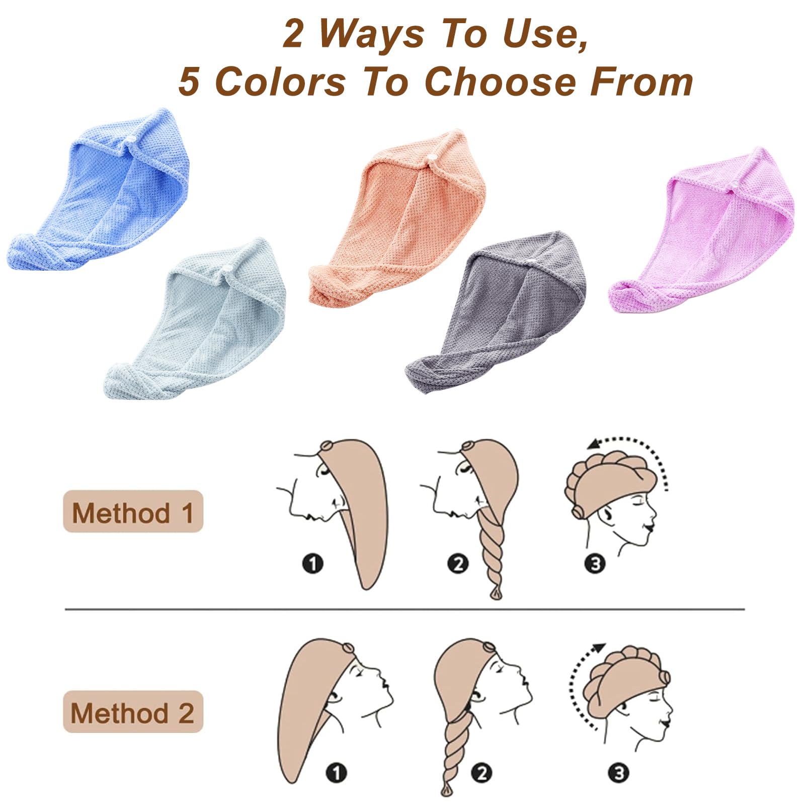 5 Pack Soft Microfiber Hair Towel Wrap - Quick Dry Elastic Hair Turbans for Women & Curly Hair - Perfect for Post-Shower, Gym, Swimming & Travel Use