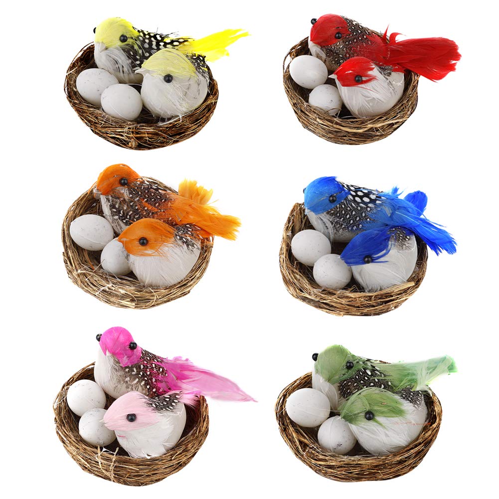 6-Piece Easter Artificial Bird Nest Kit with Foam Eggs & Feathers - Home Decor, Garden Ornaments, Easter Party & Spring Nature Decoration - Perfect for Easter Basket Fillers, Table Centerpieces & Outdoor Display