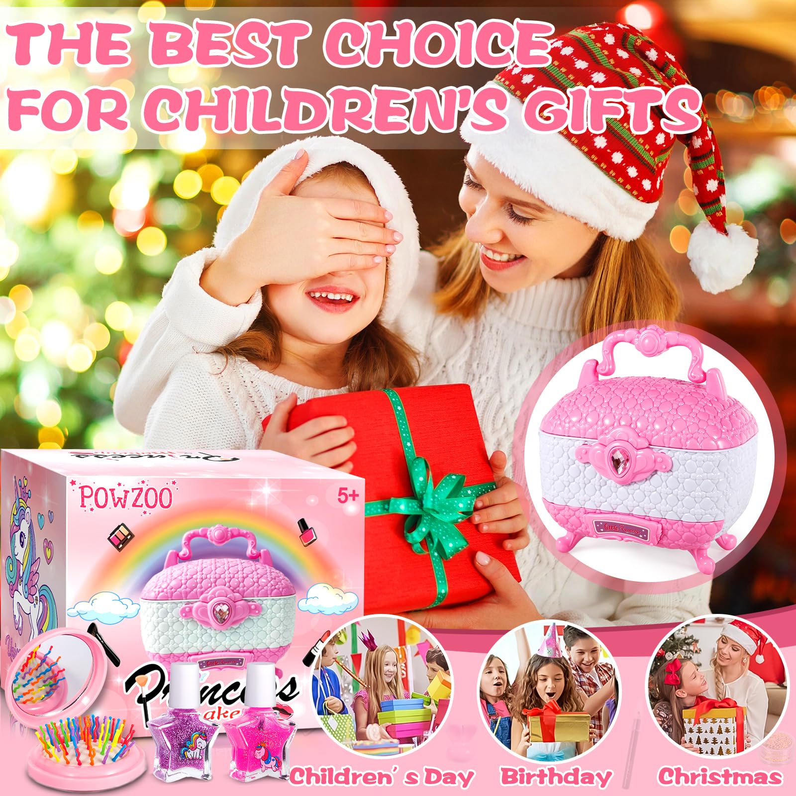 POWZOO 64-Piece Kids Makeup Toy Set - Non-Toxic & Washable Princess Makeup Kit for Girls Ages 5-12 - Perfect Birthday & Christmas Gift for Pretend Play, Dress-Up & Role-Playing Games