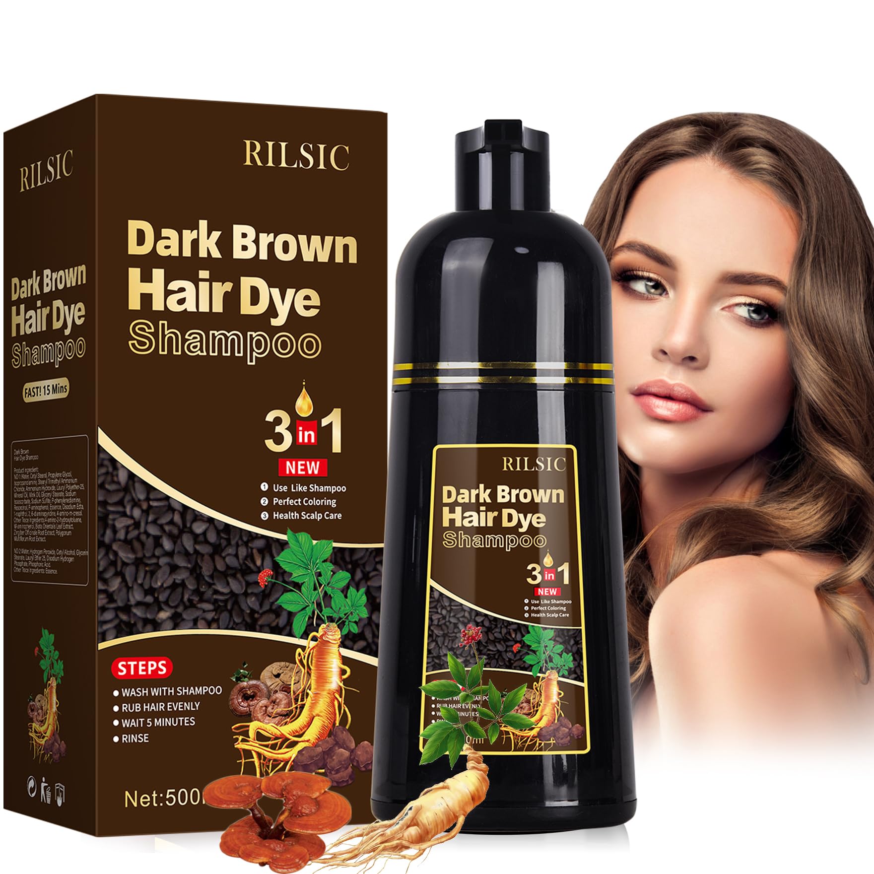 GFEUGS 3-in-1 Hair Dye Shampoo - 100% Grey Coverage for Women & Men | Herbal Dark Brown Hair Color in Minutes (500ml) | Perfect for Home Use, Travel & Quick Touch-Ups
