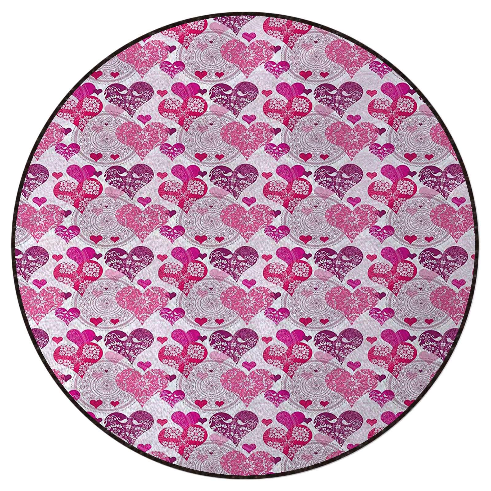 Hot Pink & Purple Round Heart Print Area Rug - 39.3 Inch Non-Slip Floor Mat for Coffee Table, Gaming Chair & Computer Desk | Perfect for Living Room, Bedroom & Office Decor