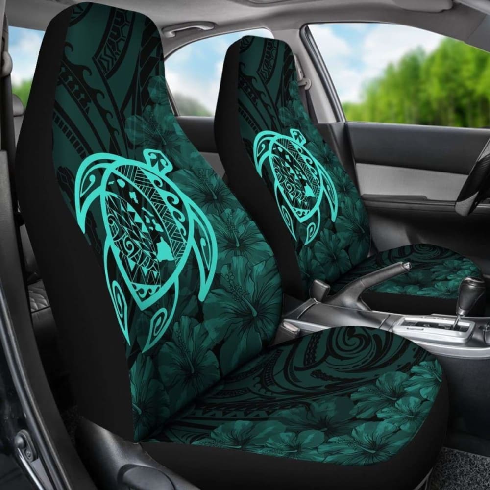 Premium Alohawaii Car Seat Covers - Hawaiian Turtle Map & Hibiscus Design, Polyester Fabric in Turquoise Blue - Perfect for Beach Trips & Tropical Themed Vehicles