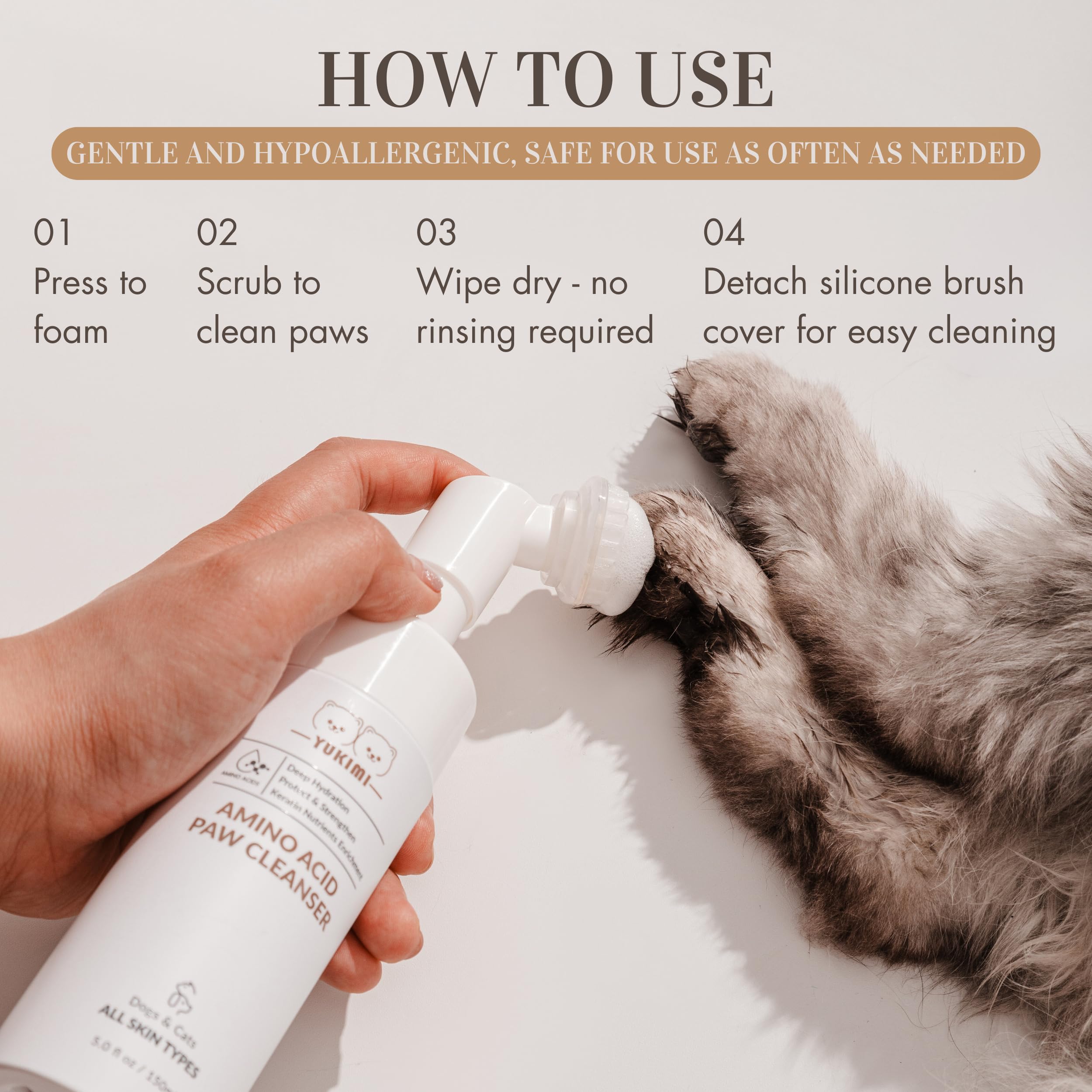 YUKIMI Premium Amino Acid Paw Cleanser with Silicone Bristle Brush for Dogs & Cats | Hypoallergenic Pet Shampoo for Sensitive Skin | Hydrating, Soothing, Deodorizing & Moisturizing Formula | pH Balanced 5.0 Fl Oz | Perfect for Post-Walk Paw Cleaning & Grooming Sessions