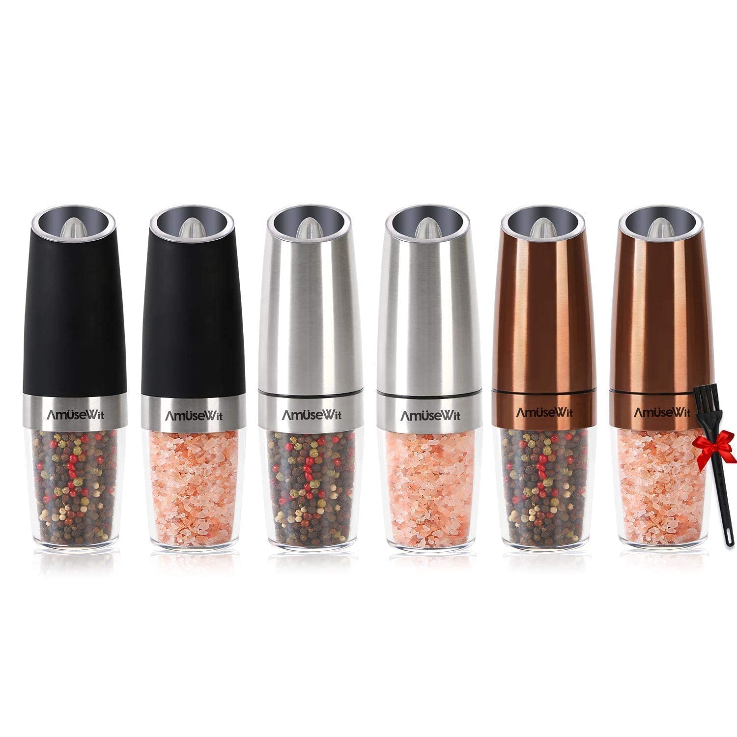 AmuseWit 6-Piece Gravity Electric Salt and Pepper Grinder Set - Battery Powered Automatic Salt & Pepper Mill with LED Light, Adjustable Coarseness, One-Hand Operation & Cleaning Brush - Perfect for Kitchen, Dining Table, Camping & Gifts