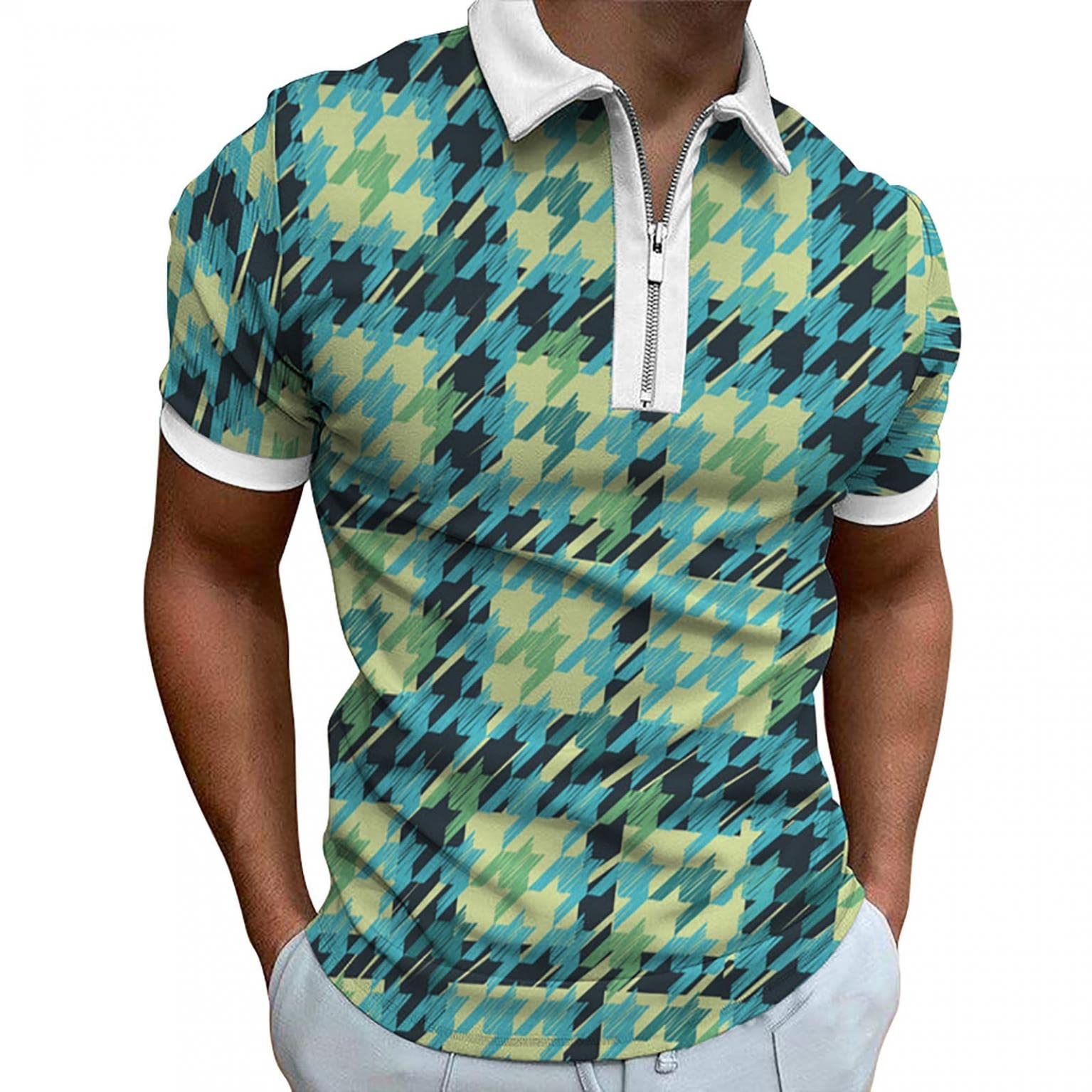 Men's Slim Fit Short Sleeve Zipper Lapel Polo Shirts - Breathable Gym & Golf Tees with Stylish Prints - Perfect for Casual Wear, Workouts, and Outdoor Activities