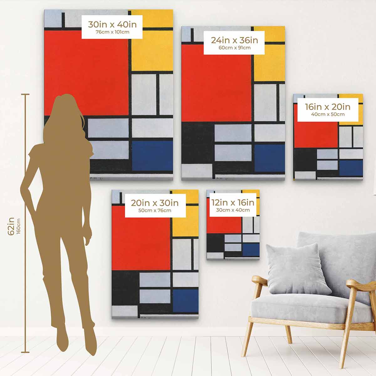 Red Mondrian Wall Art Canvas 4606 - Modern Abstract Painting for Living Room, Bedroom & Office Decor - Perfect for Home & Office Interior Design