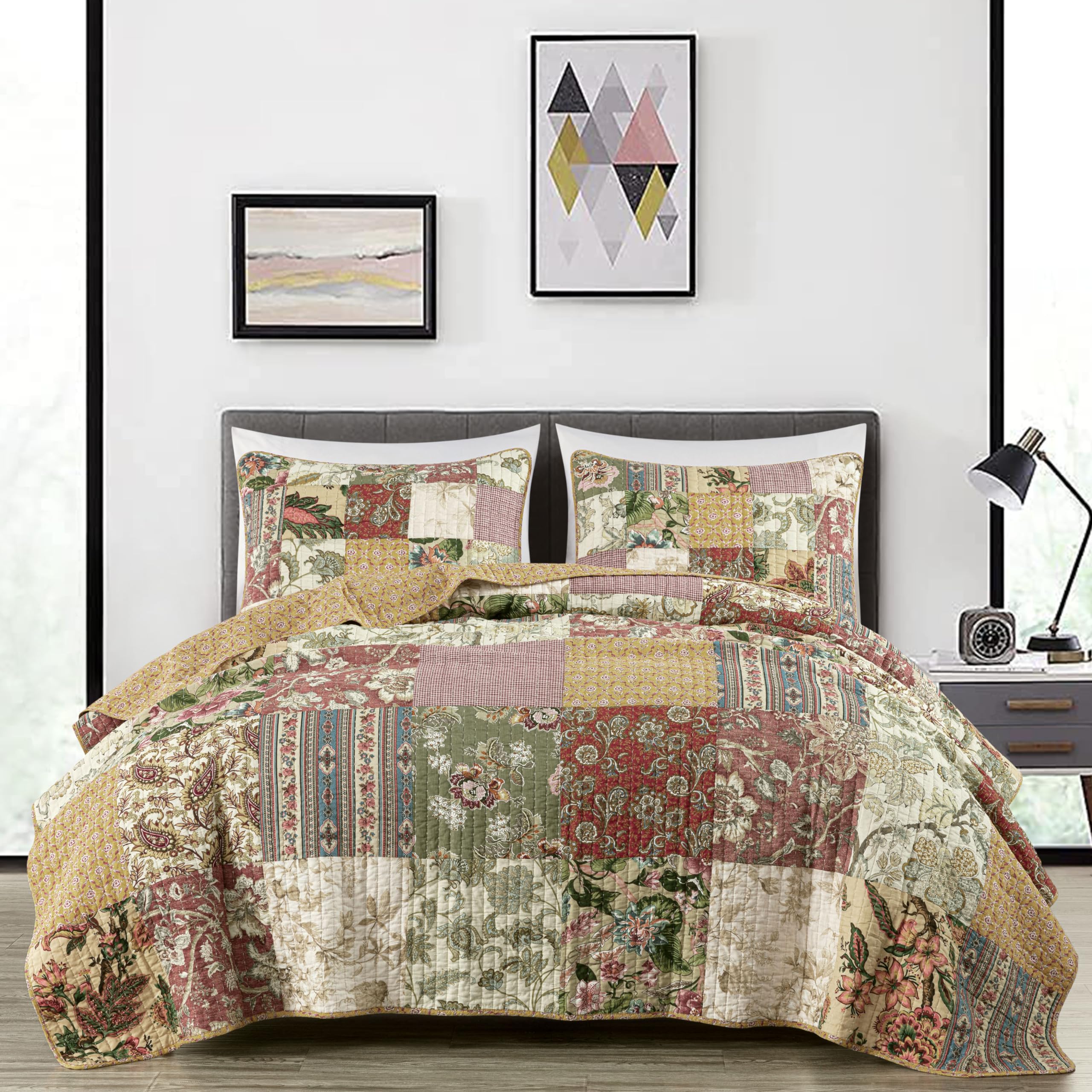 Chezmoi Collection Delaney 3-Piece Floral Patchwork Quilt Set - 100% Pre-Washed Cotton King Size Bedding for Master Bedroom & Guest Room Decor